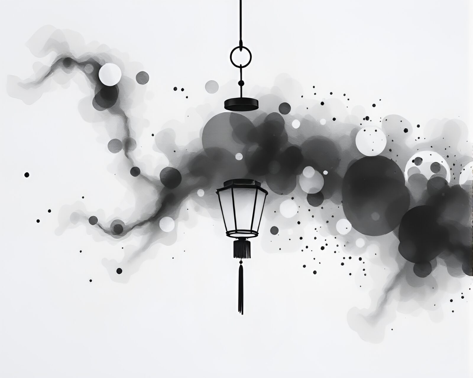 Abstract ink splashes surrounding a paper lantern with lunar coloration