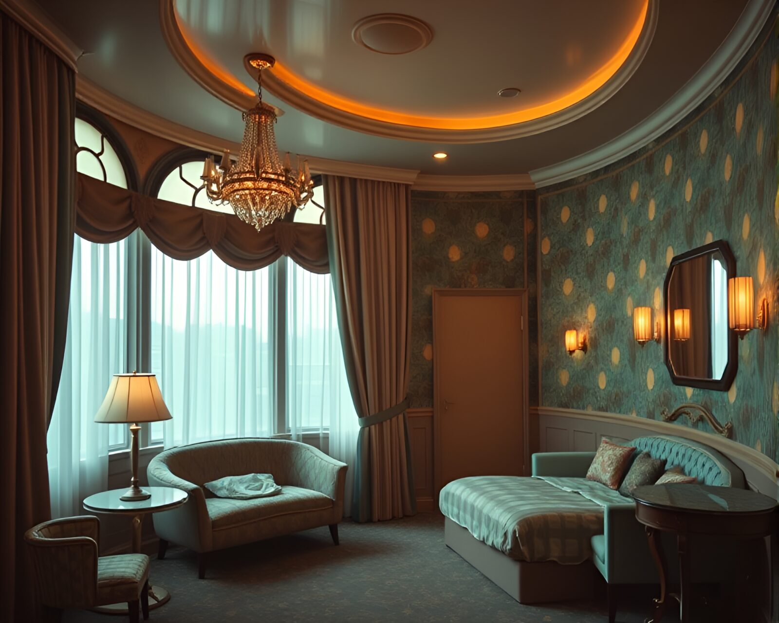 Soft focus image of art deco hotel showing mildew spots