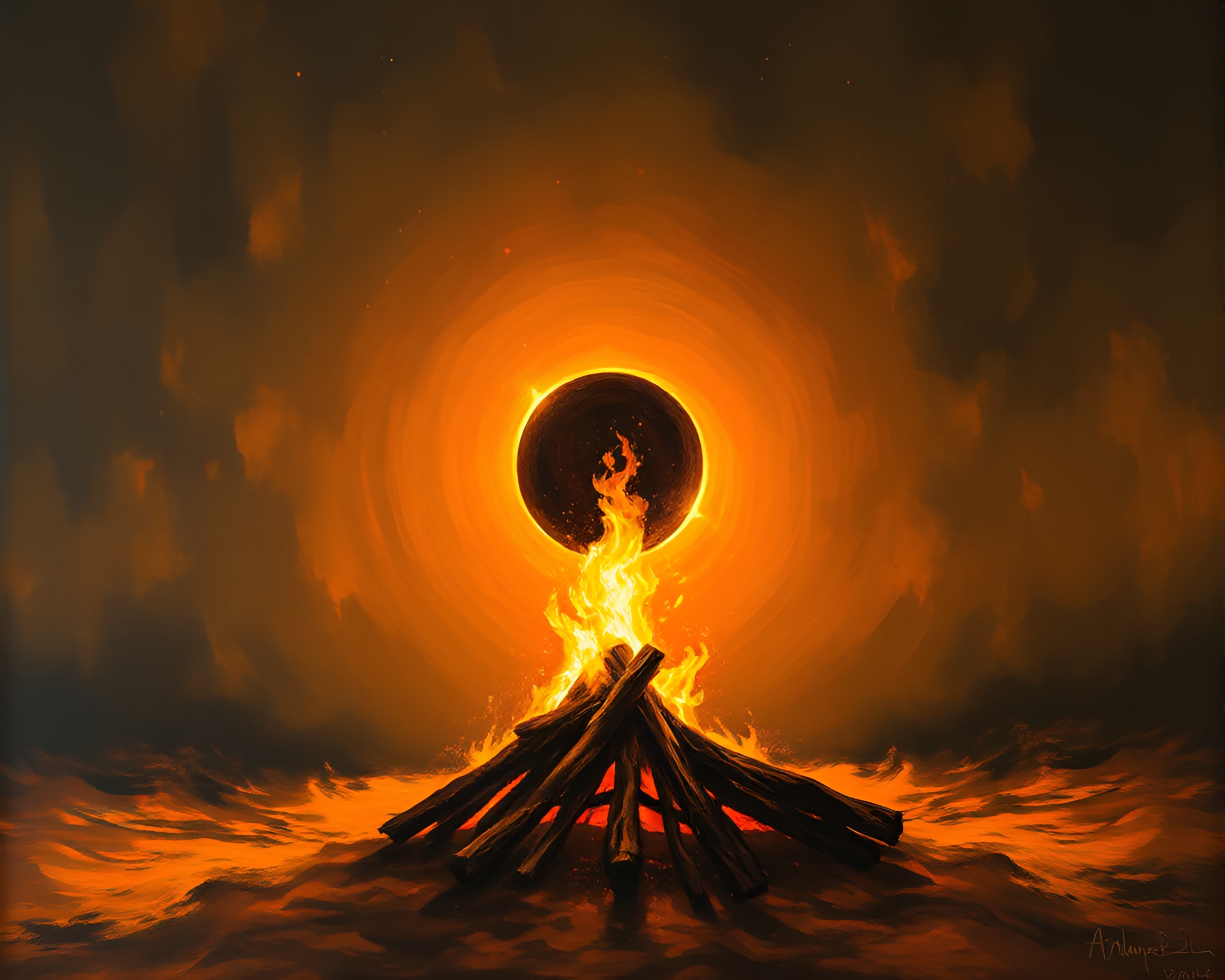 Solar Eclipse Bonfire: Motion Capture Tempera Painting – free AI stock image