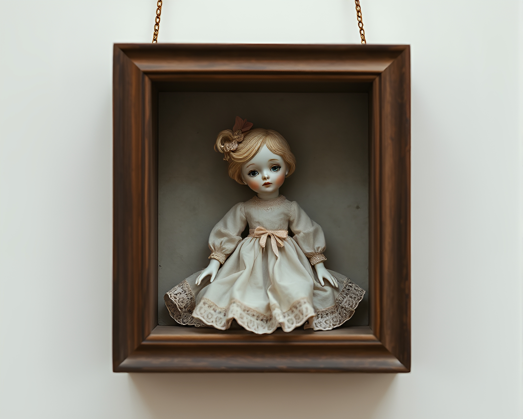 Intricate Porcelain Doll in Framed Surreal Scene – free AI stock image