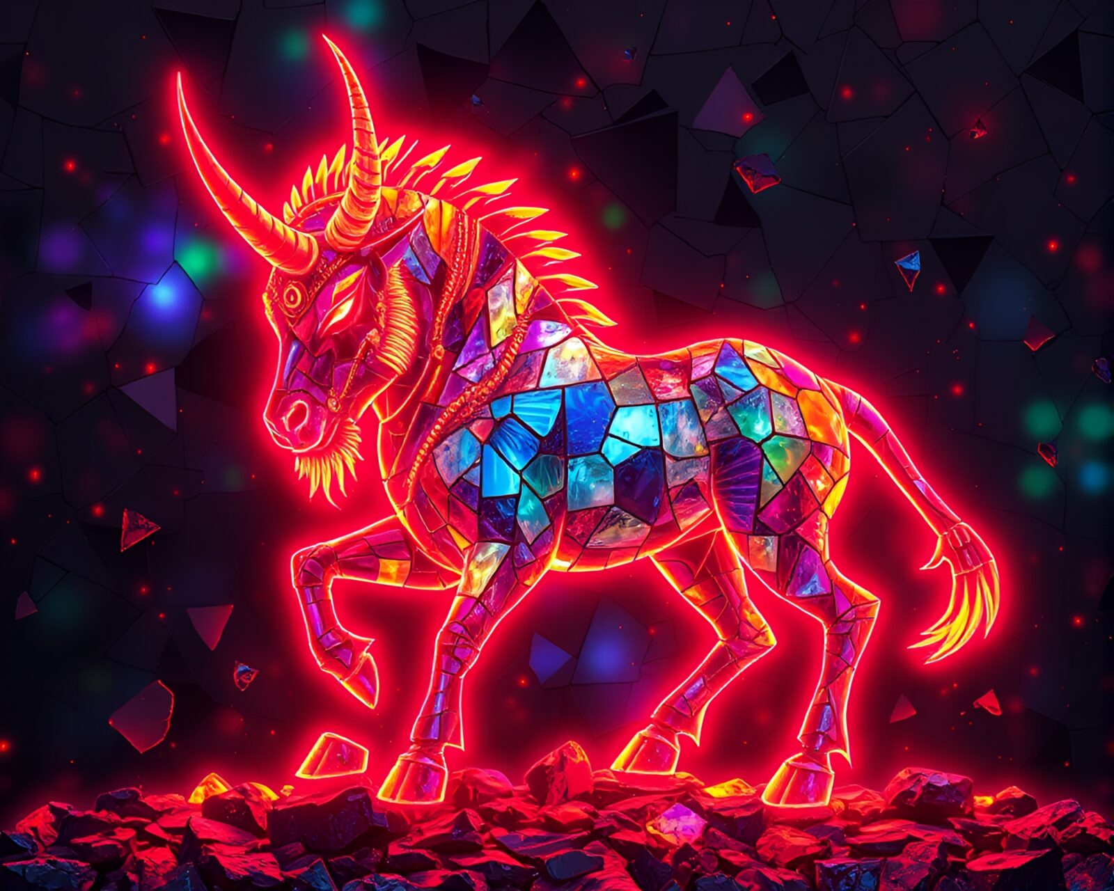 Colorful broken mosaic pieces forming neon Minotaur under aurora lights