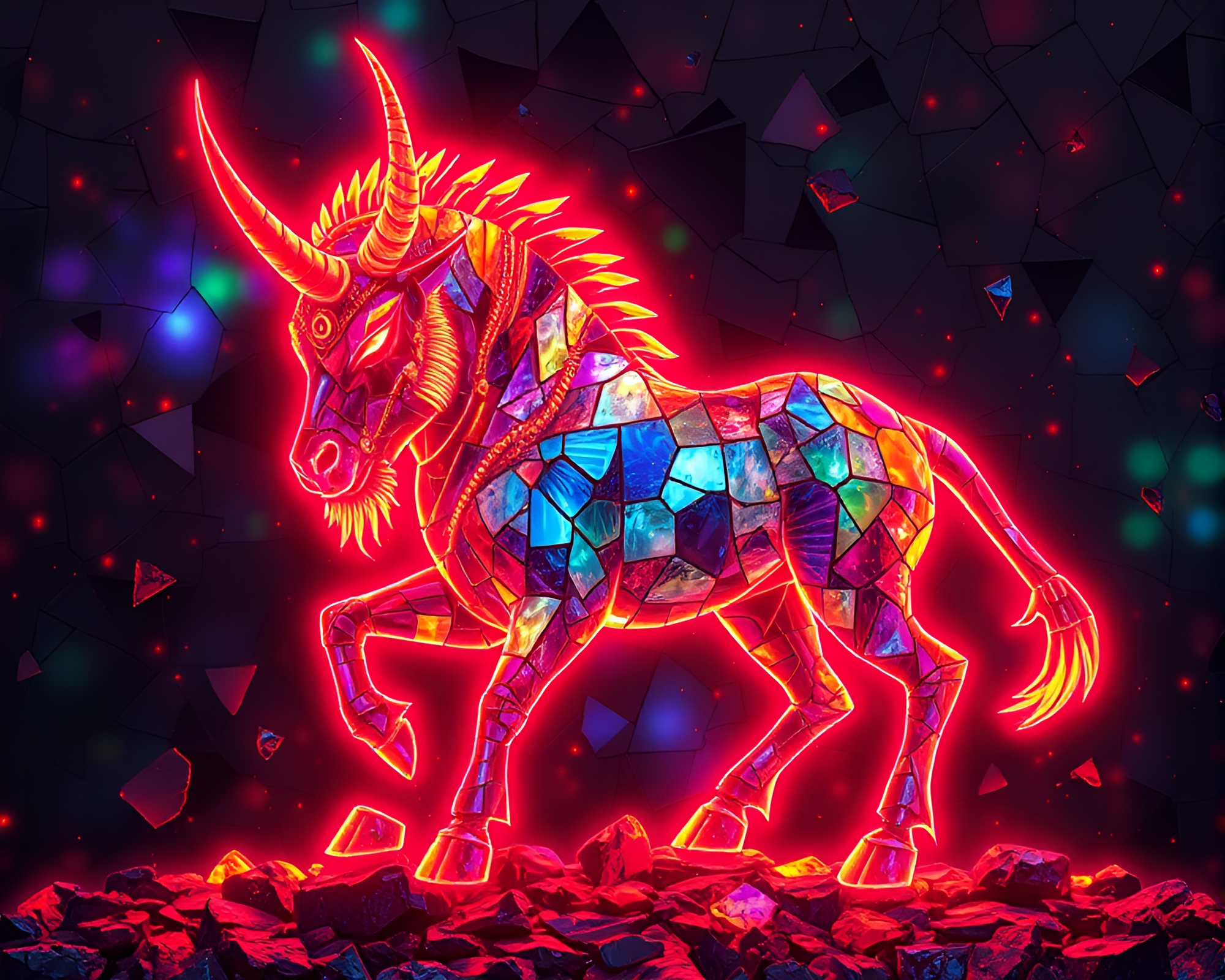 Neon Minotaur in Fragmented Mosaic Glows with Aurora Hues – free AI stock image