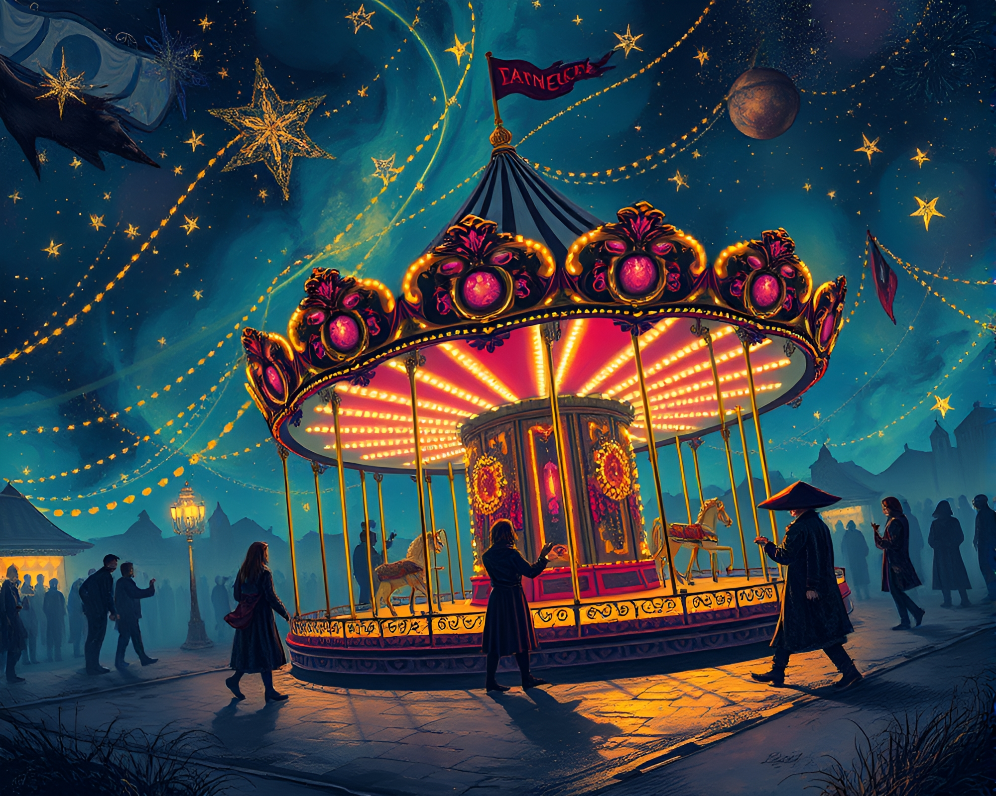 Star Trail Carnival Carousel in Steampunk Sorcery Glow – free AI stock image