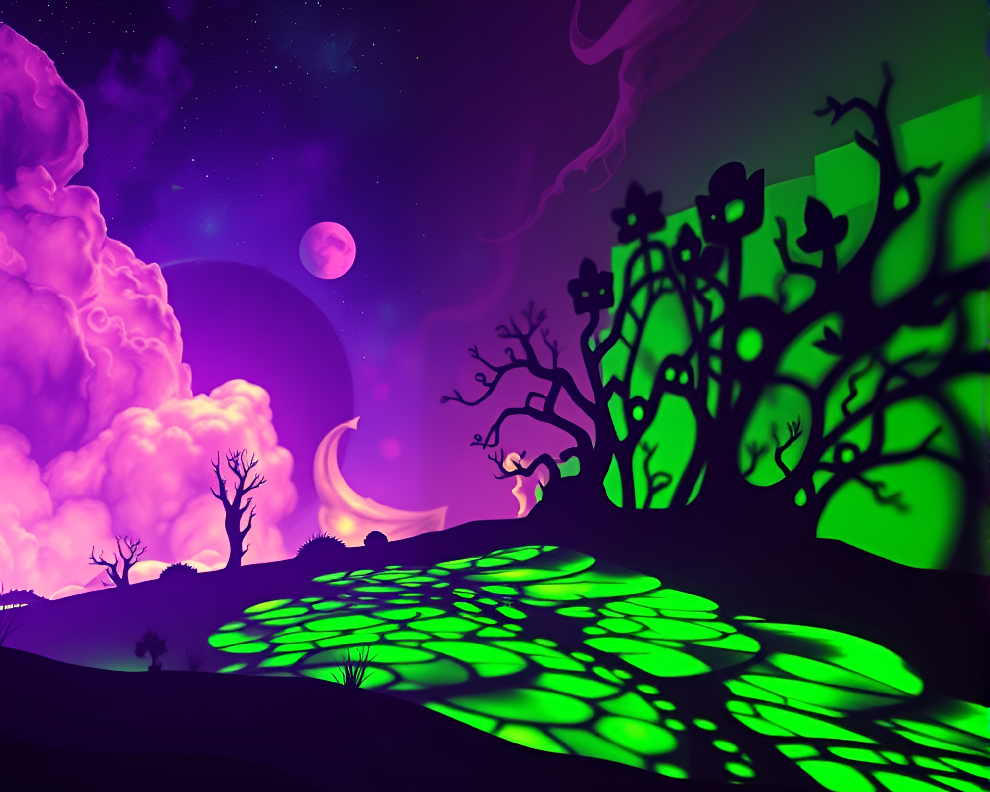 Surreal Dream with Bioluminescent Glow and Stencil Shadows – free AI stock image