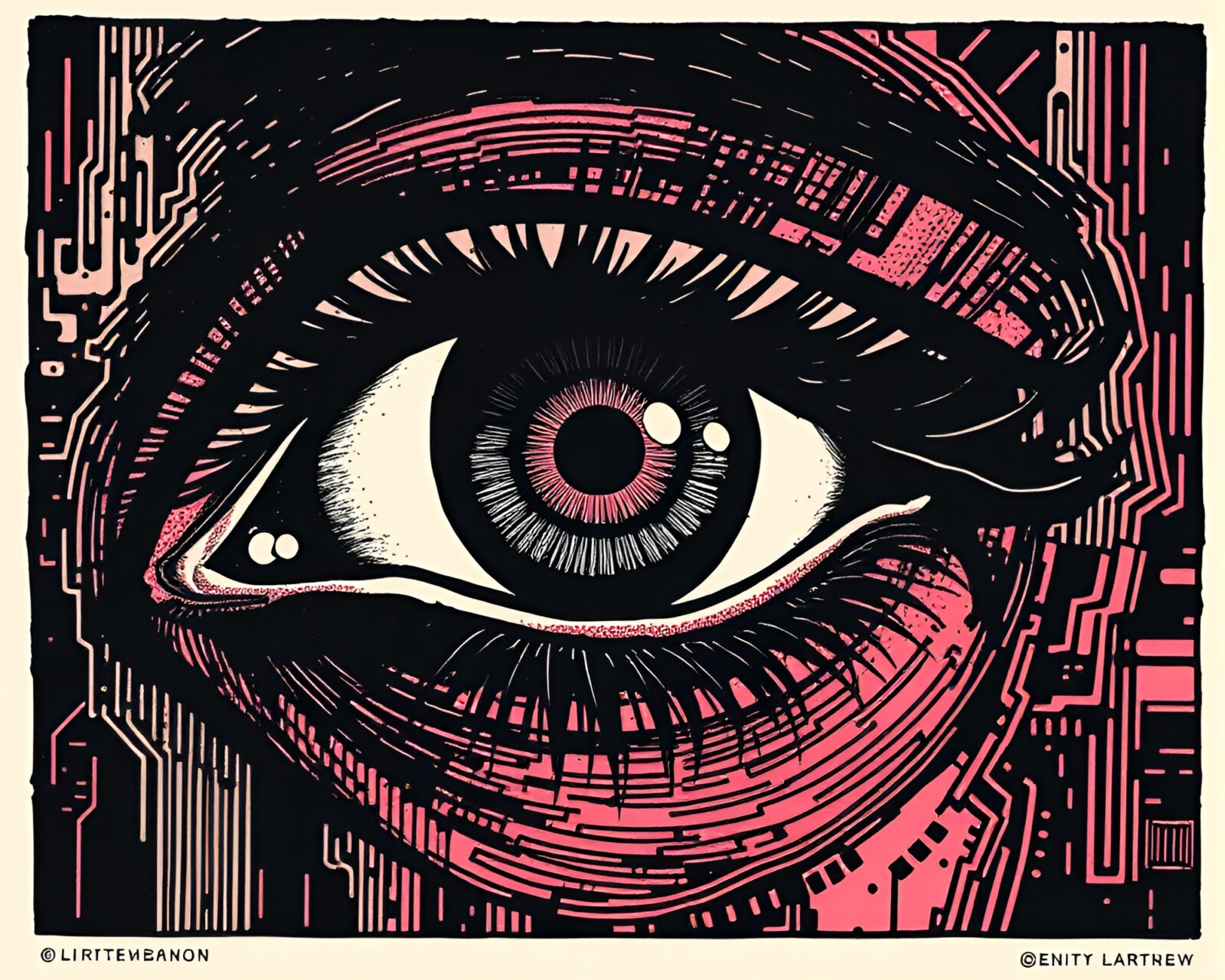 Futuristic linocut artwork with cybernetic eye and hard shadows