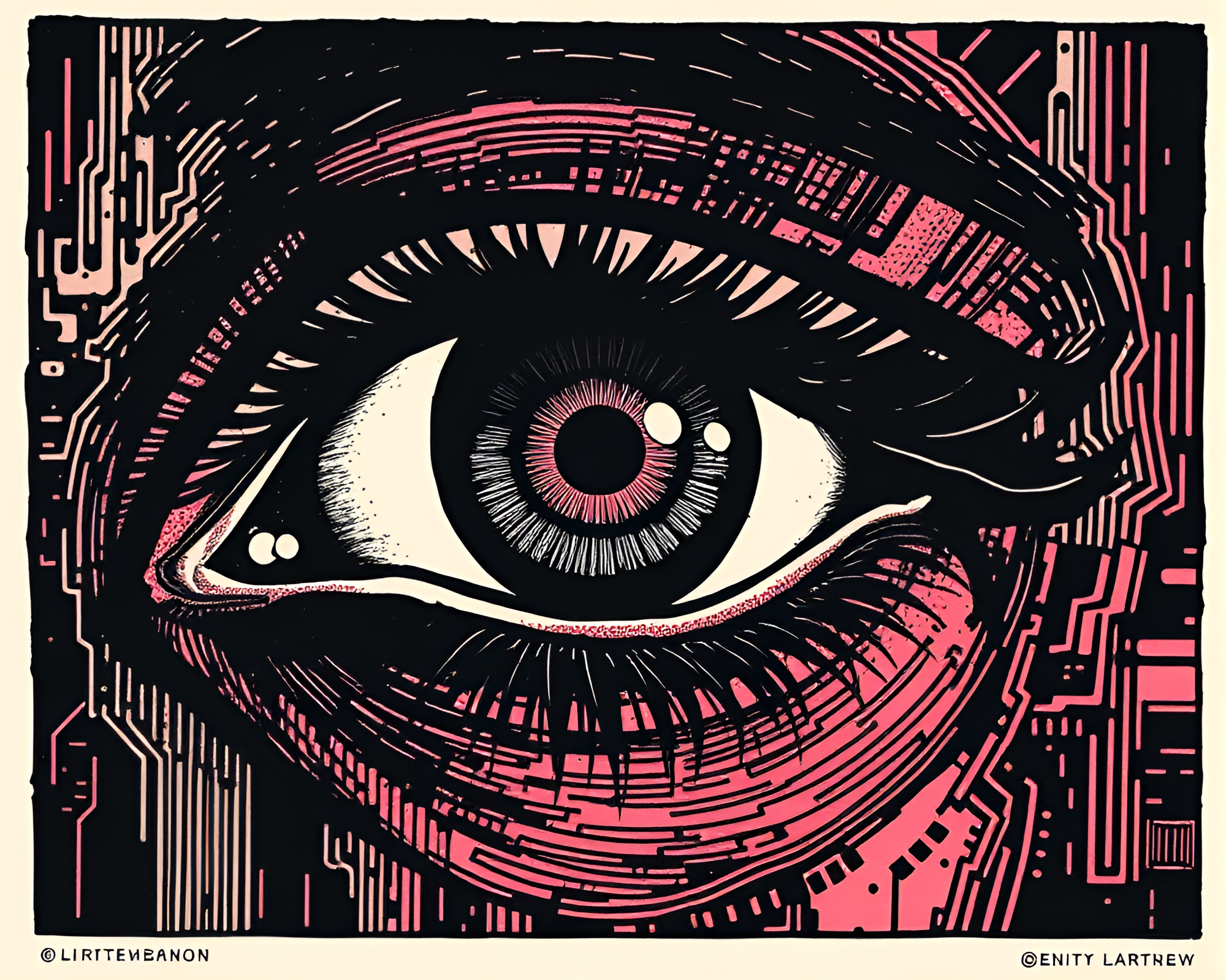 Utopian Cybernetic Eye Linocut Texture Composition – free AI stock image