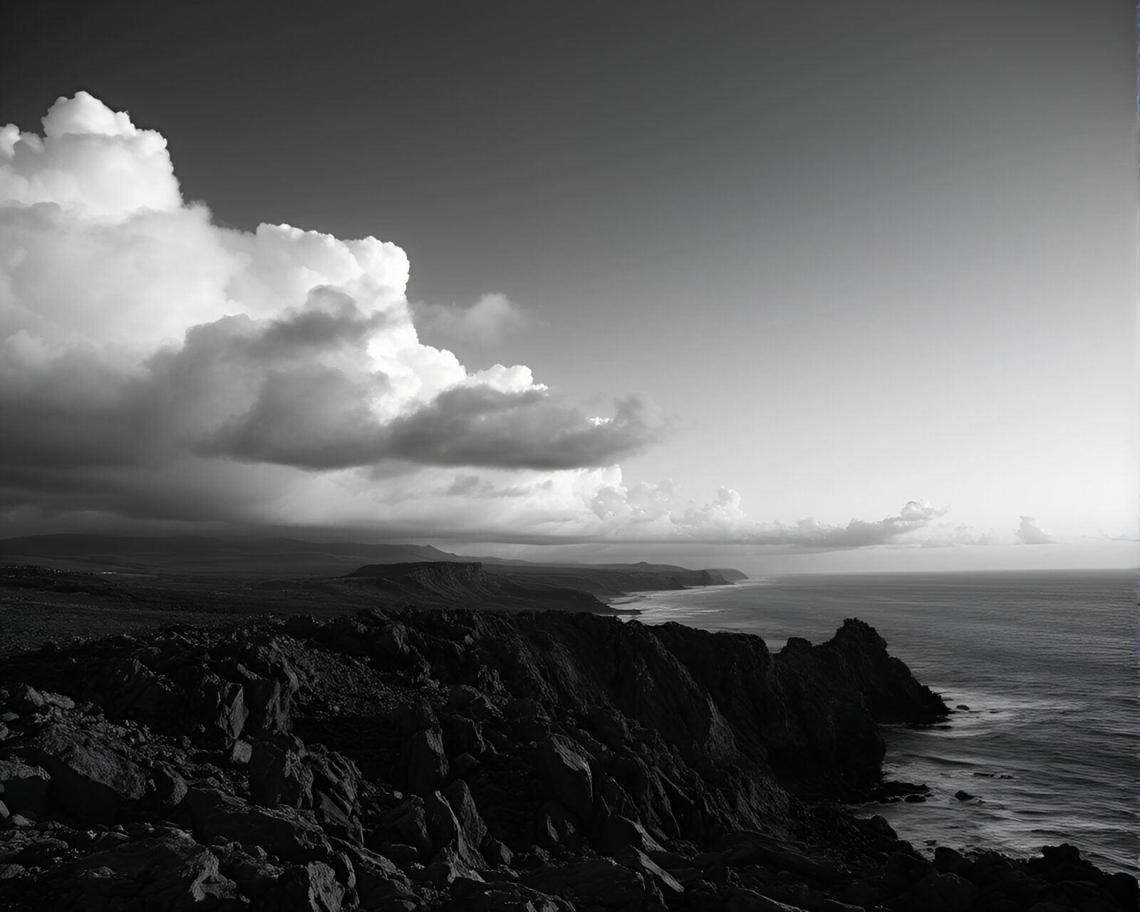 Dramatic clouds illuminate rocky coast in monochromatic hues