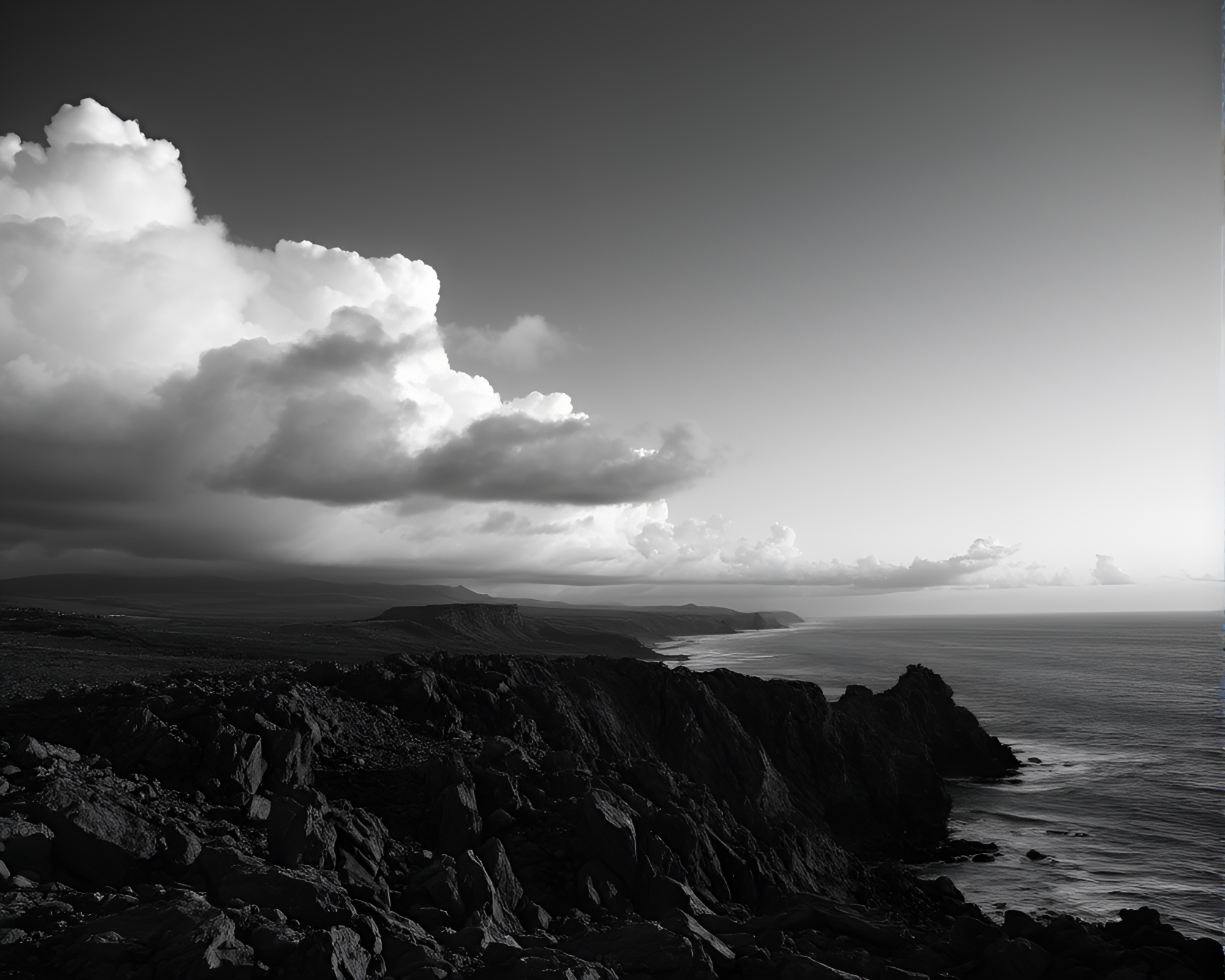 Majestic Cloud-Lit Rocky Coastline Duotone Landscape – free AI stock image