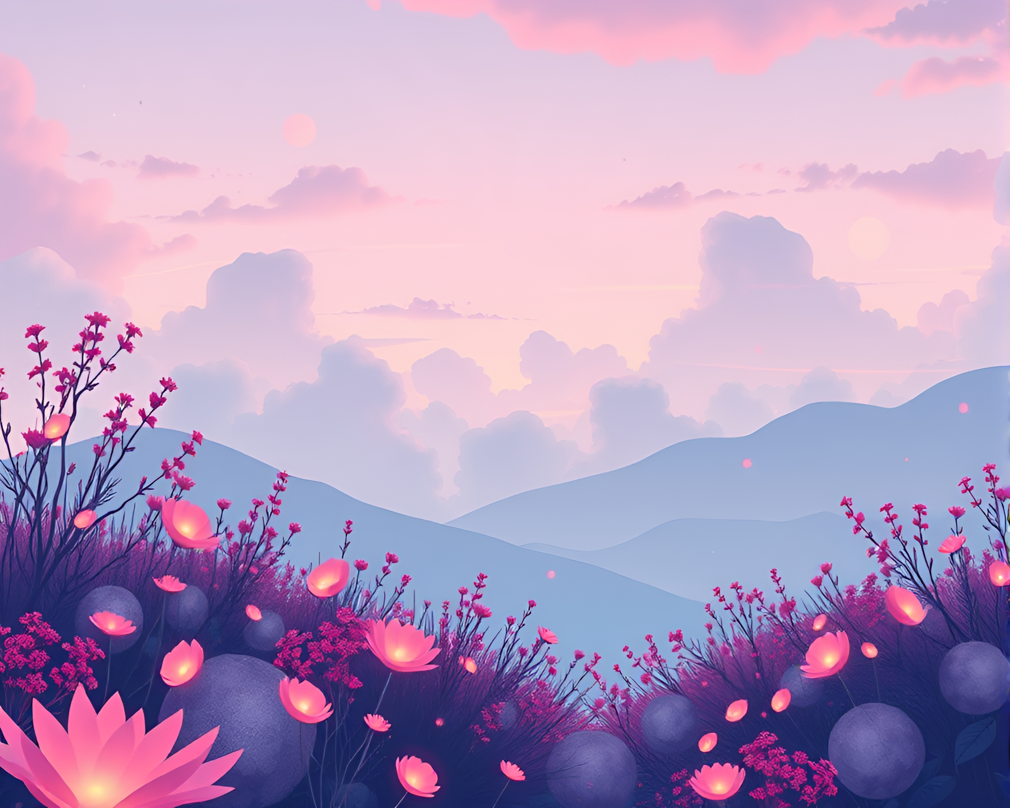 Floating Embers in Soft Sky Garden: Pastel Dreamscape – free AI stock image