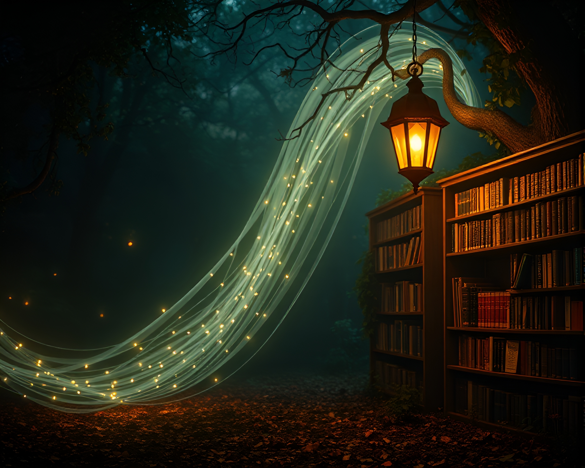 Enchanting Fairy Library with Light Trail Compositions – free AI stock image
