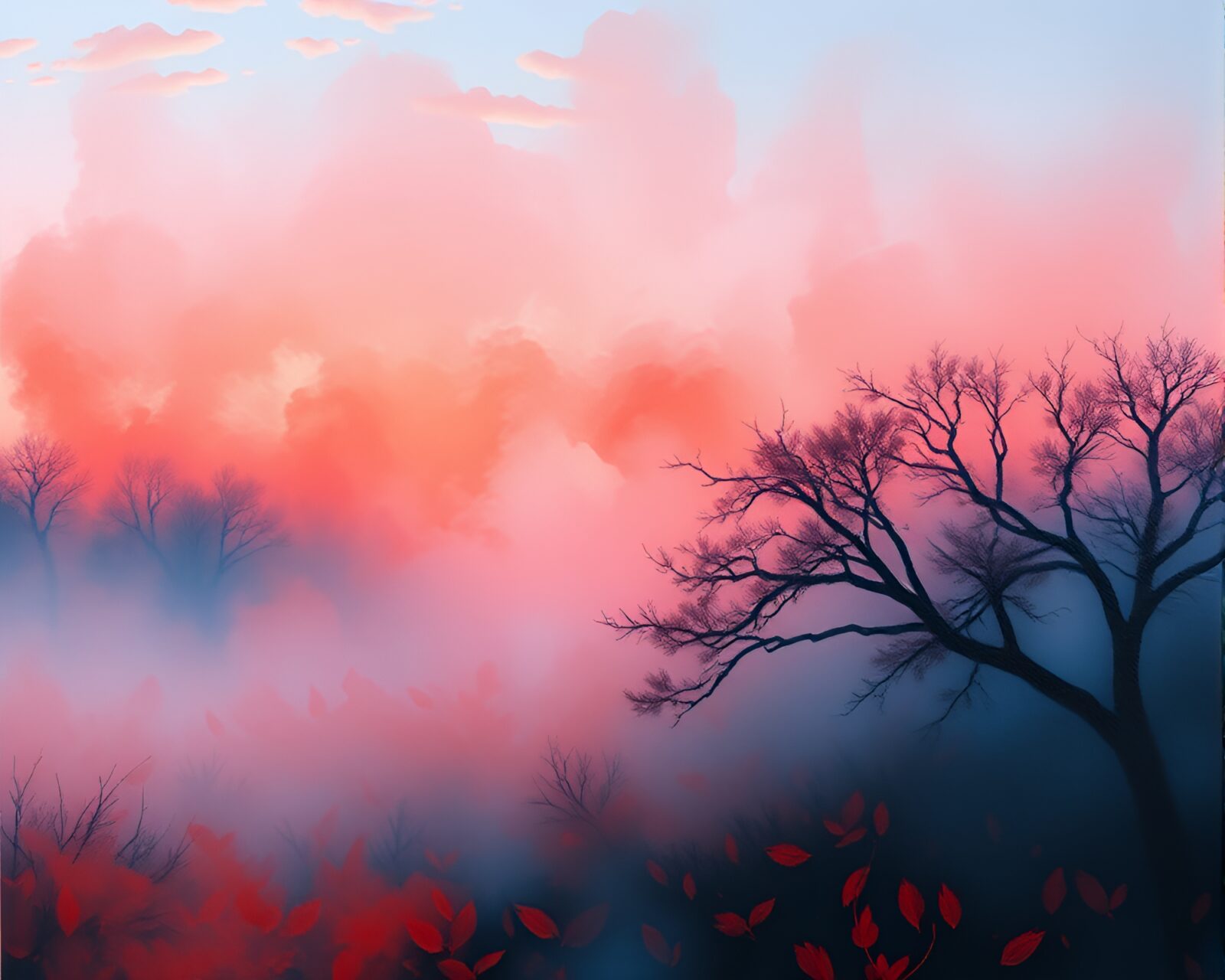 Misty Savannah with fog in red-blue impressionist painting