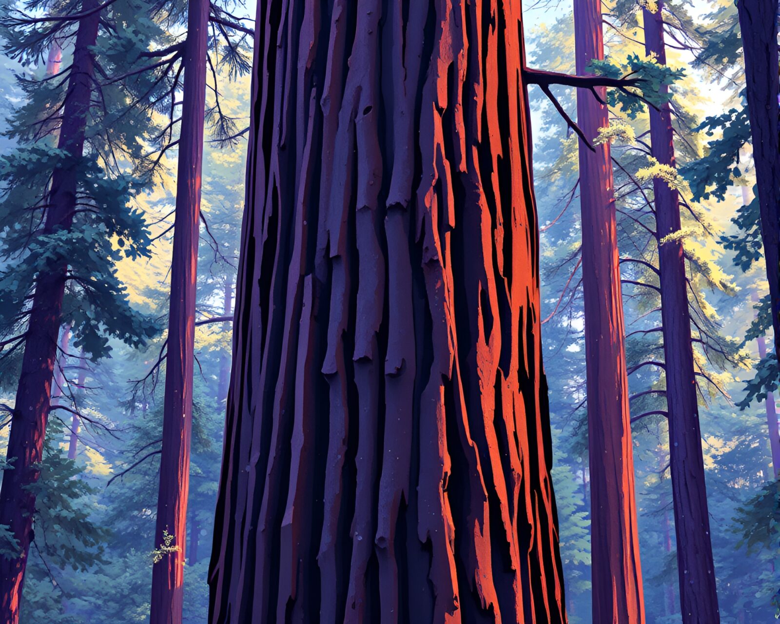 Abstract image of holographic specks in a Redwood forest
