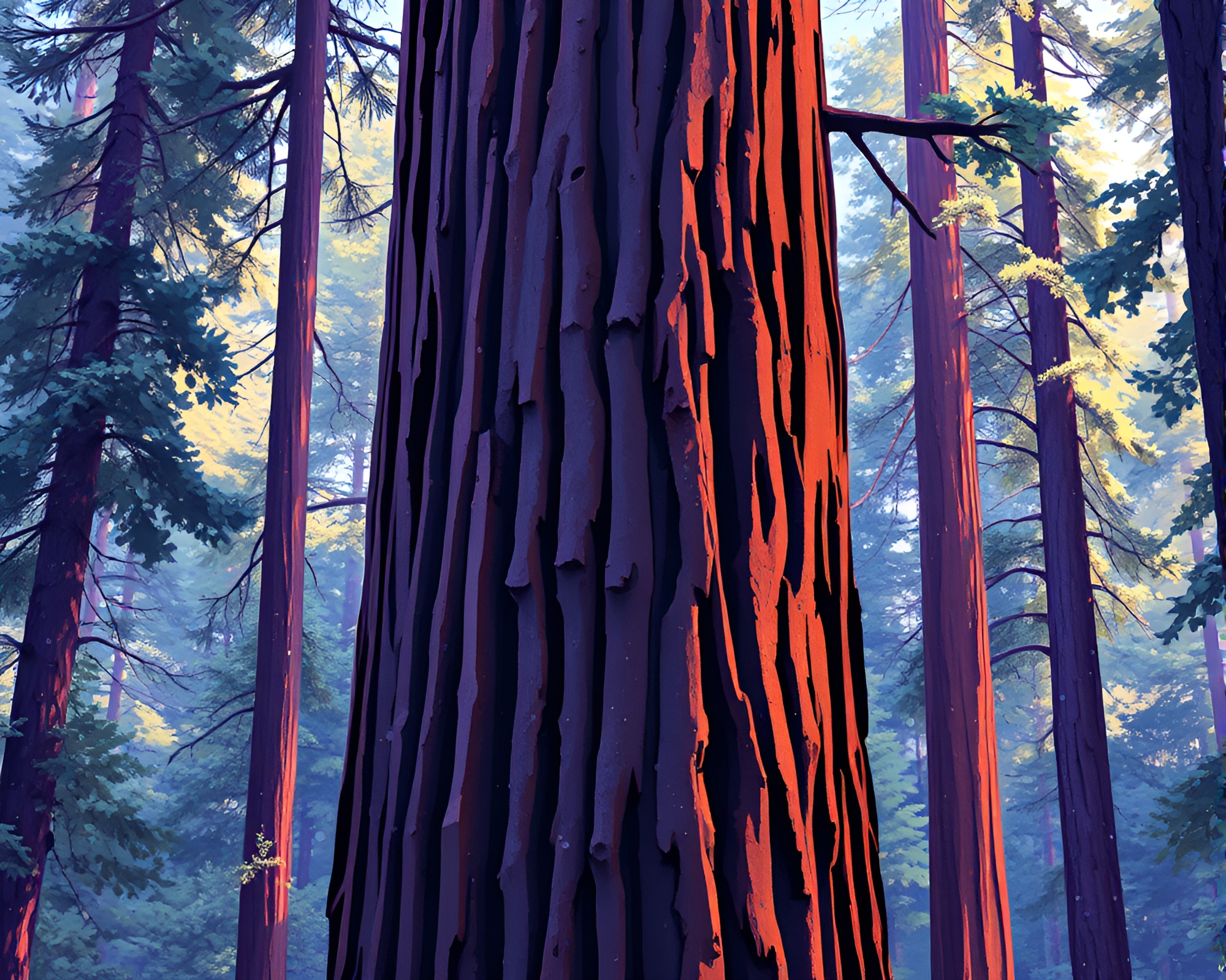 Cubist Hologram Specks Among Redwood Trees – free AI stock image