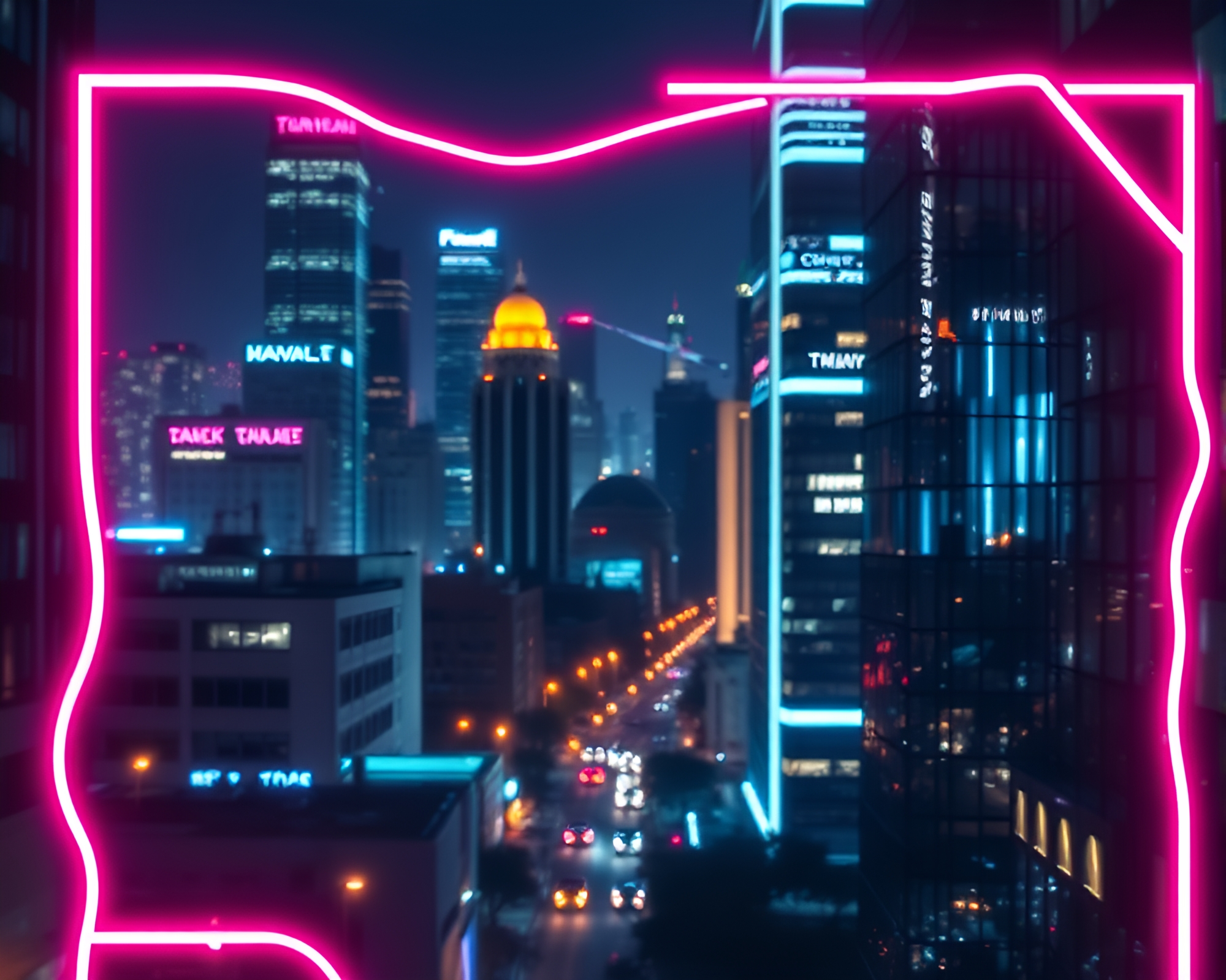 Futuristic Double Exposure Virtual Cityscape Neon Wireframe – free AI stock image