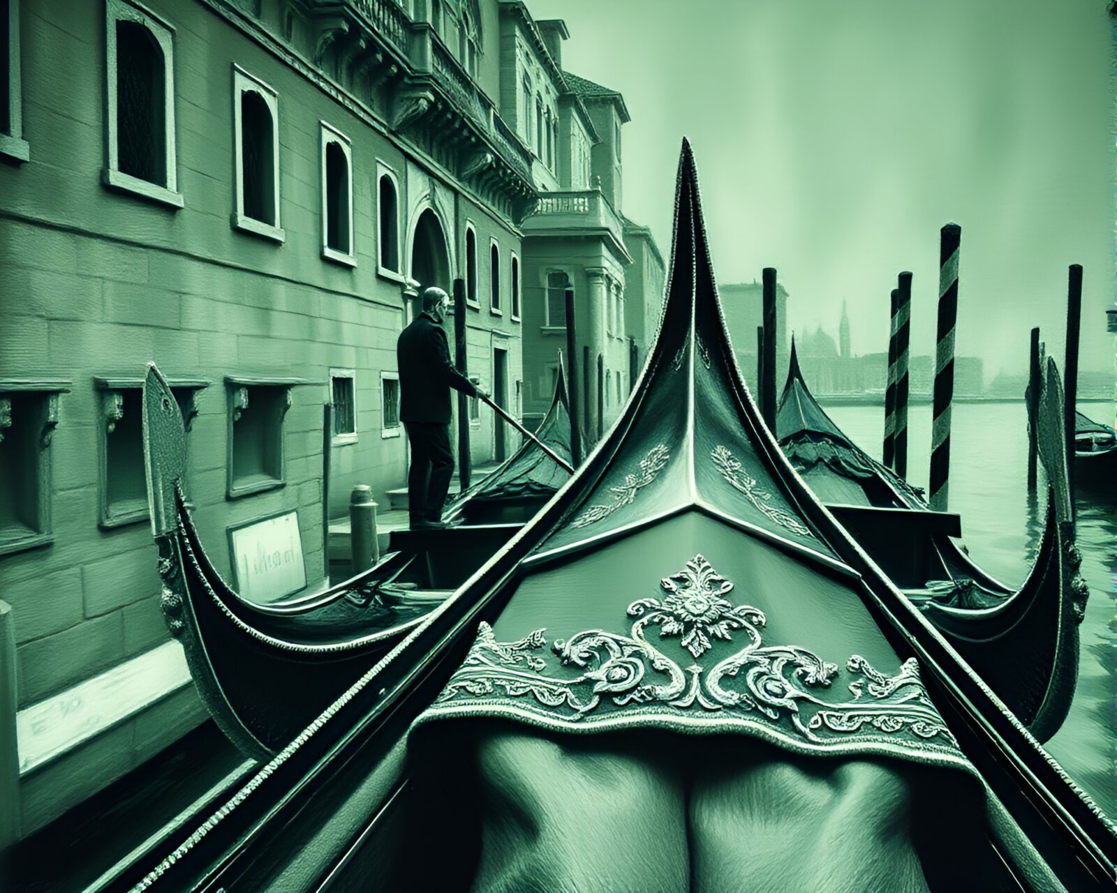 Detailed embroidered design on a Venetian gondola in green tones