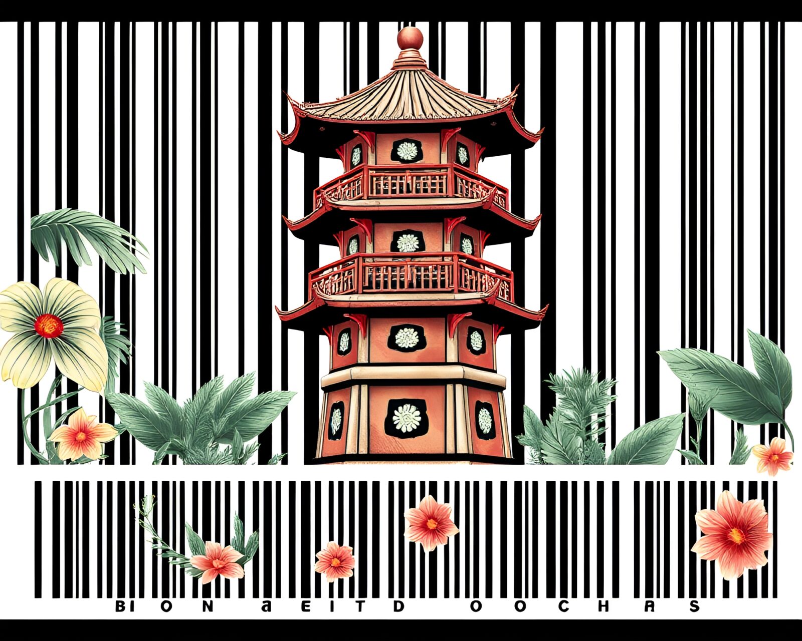 An intricate botanical pagoda illustration standing in a barcode stripe forest