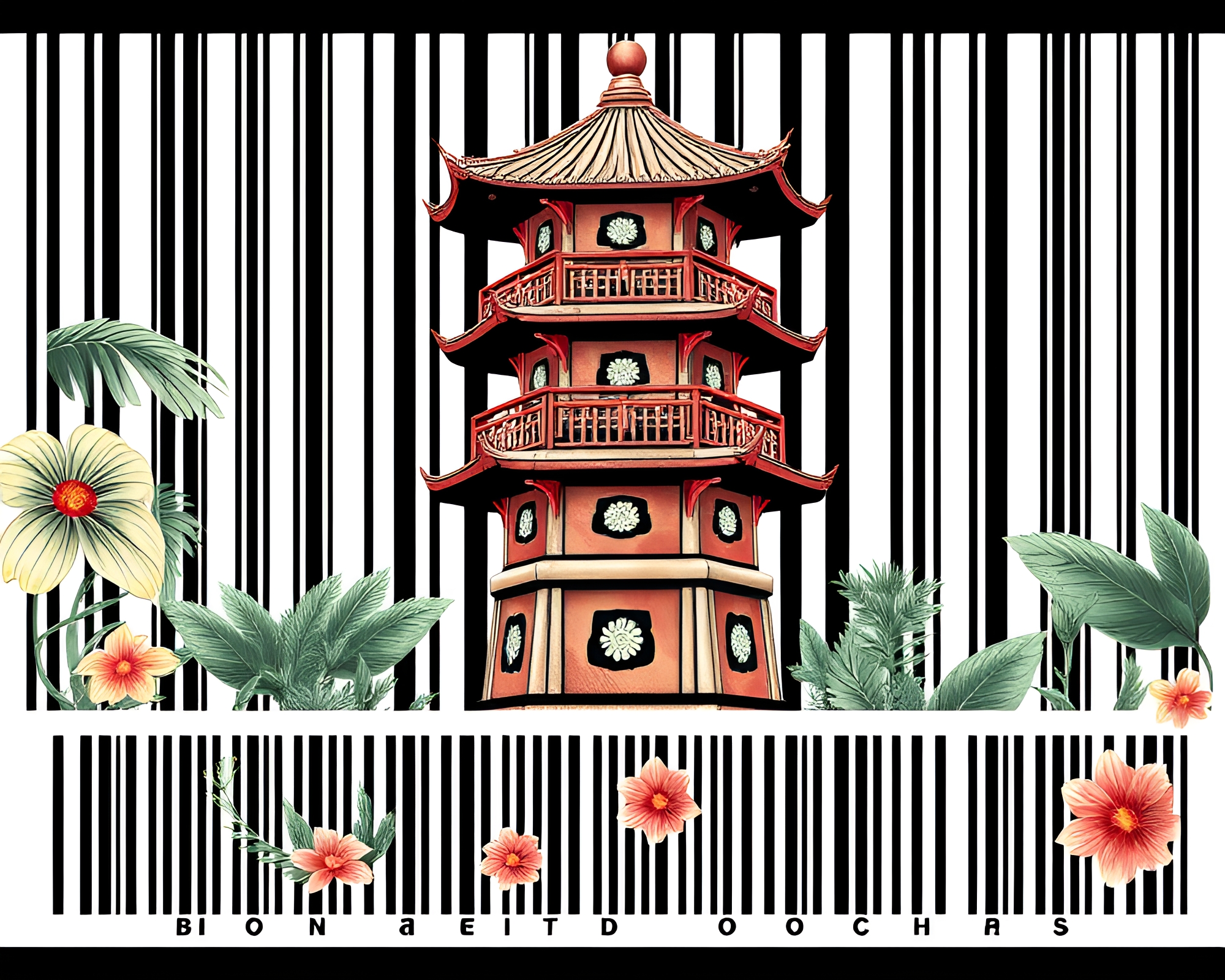 Botanical Pagoda in Barcode Stripe Forest – free AI stock image