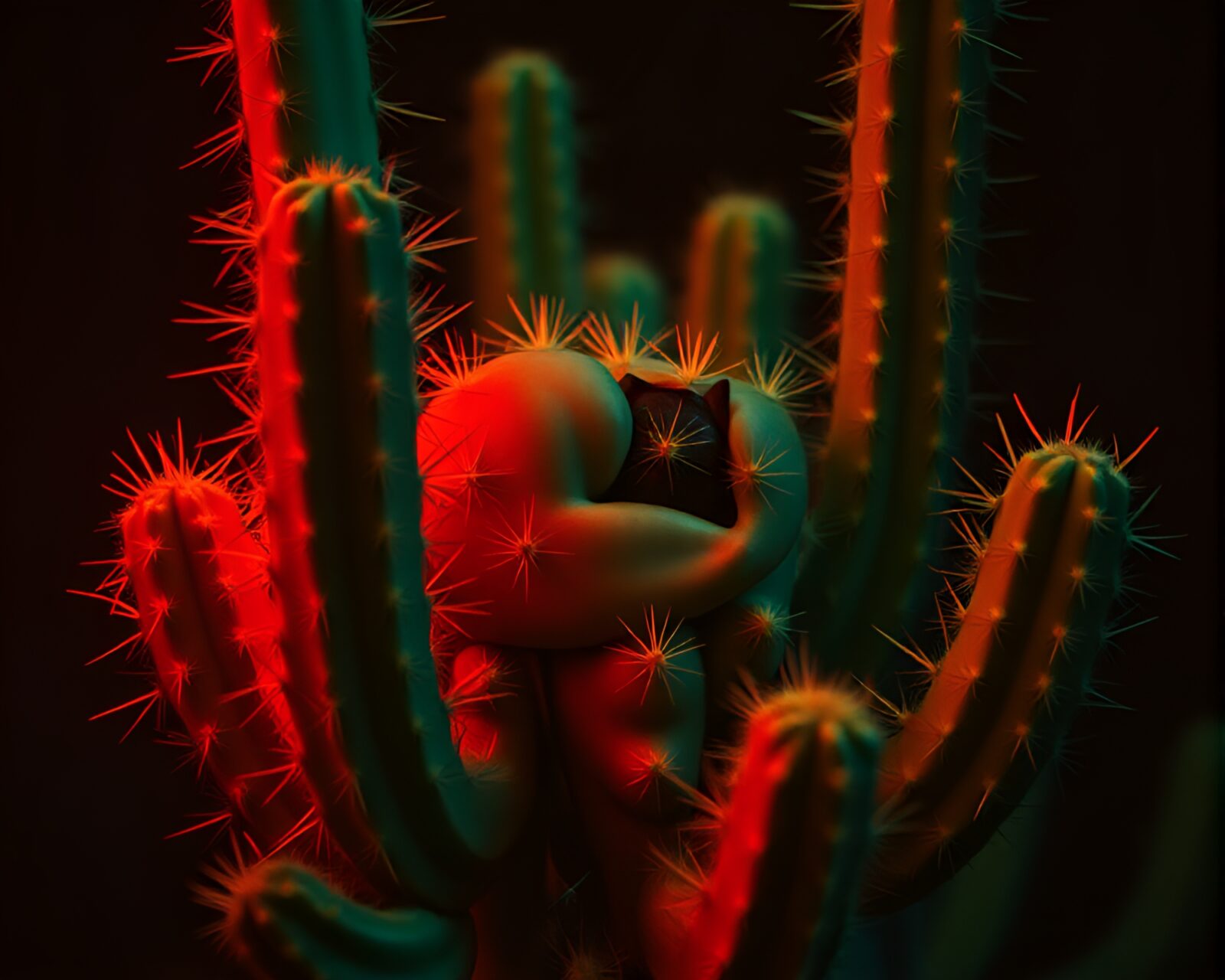 Colorful neon cactus emerging in artistic hatching detail