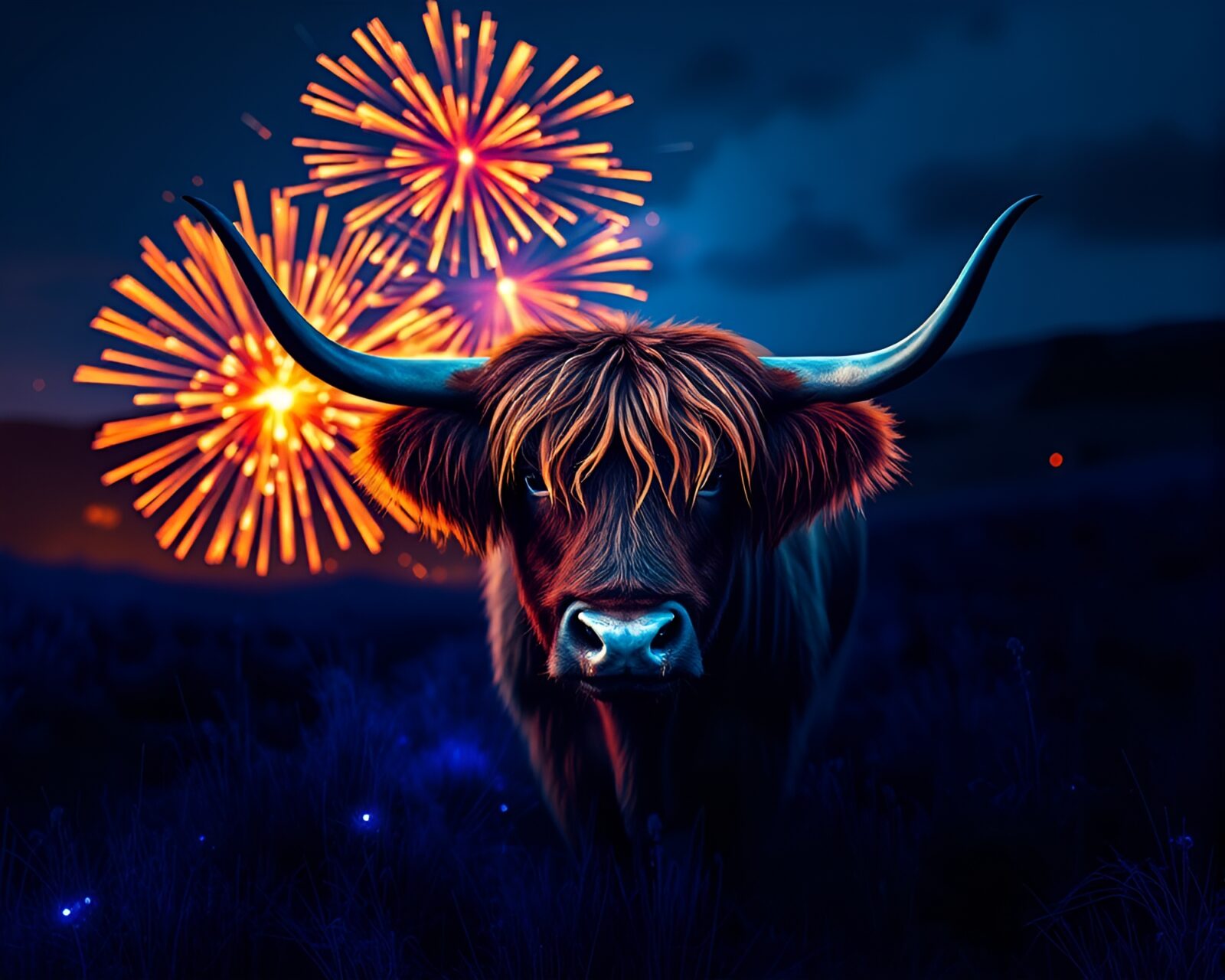 Majestic highland cow in a burst of cobalt blue fireworks