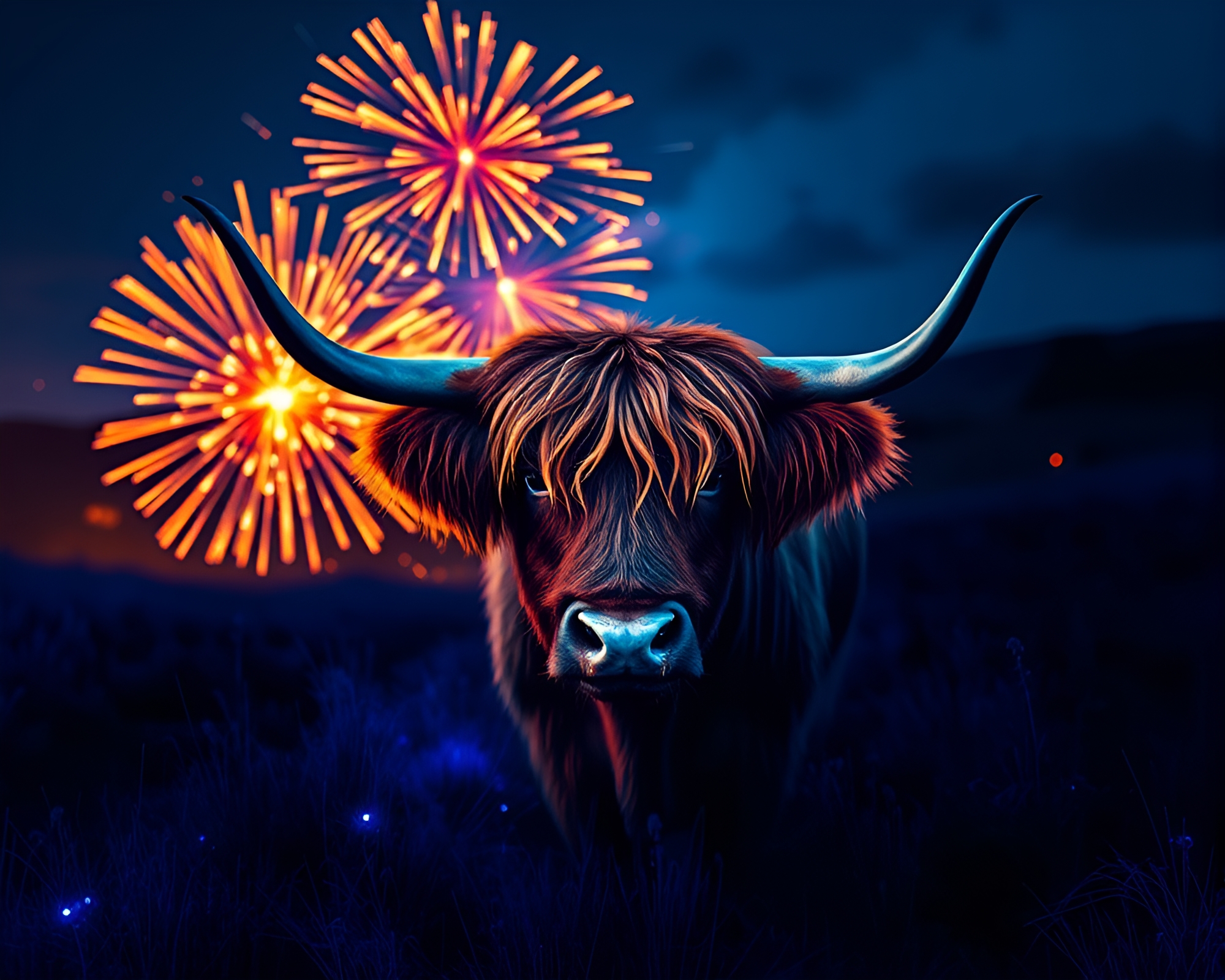 Highland Cow Surrounded by Cobalt Blue Fireworks – free AI stock image