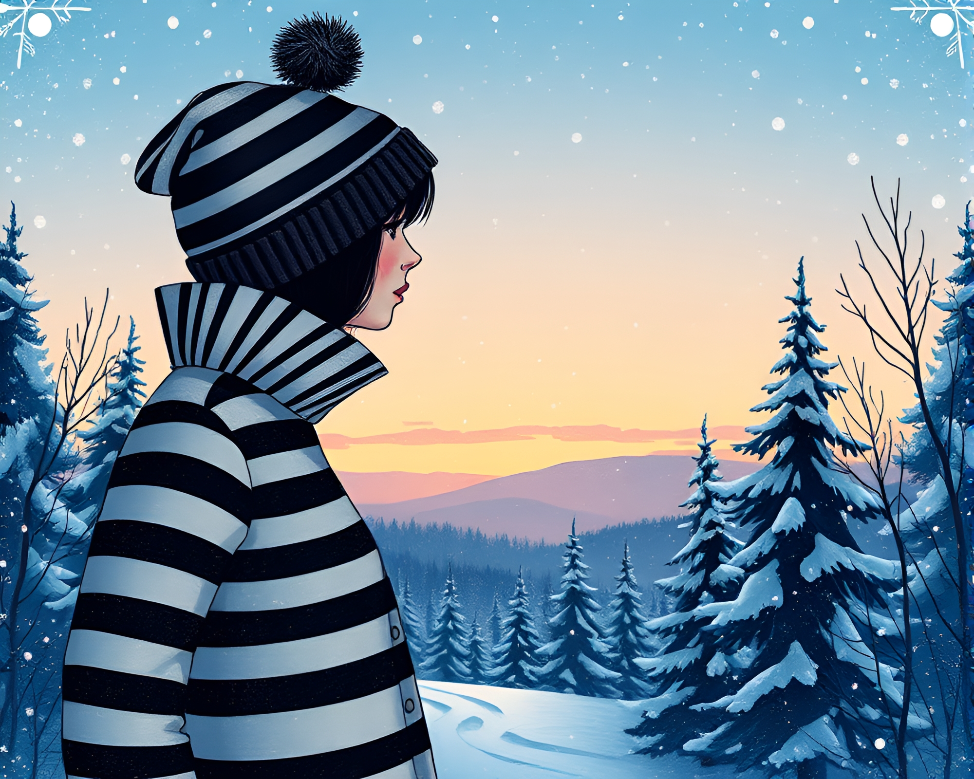 Twilight Blue Winter Wonderland Stripes Fashion Illustration – free AI stock image