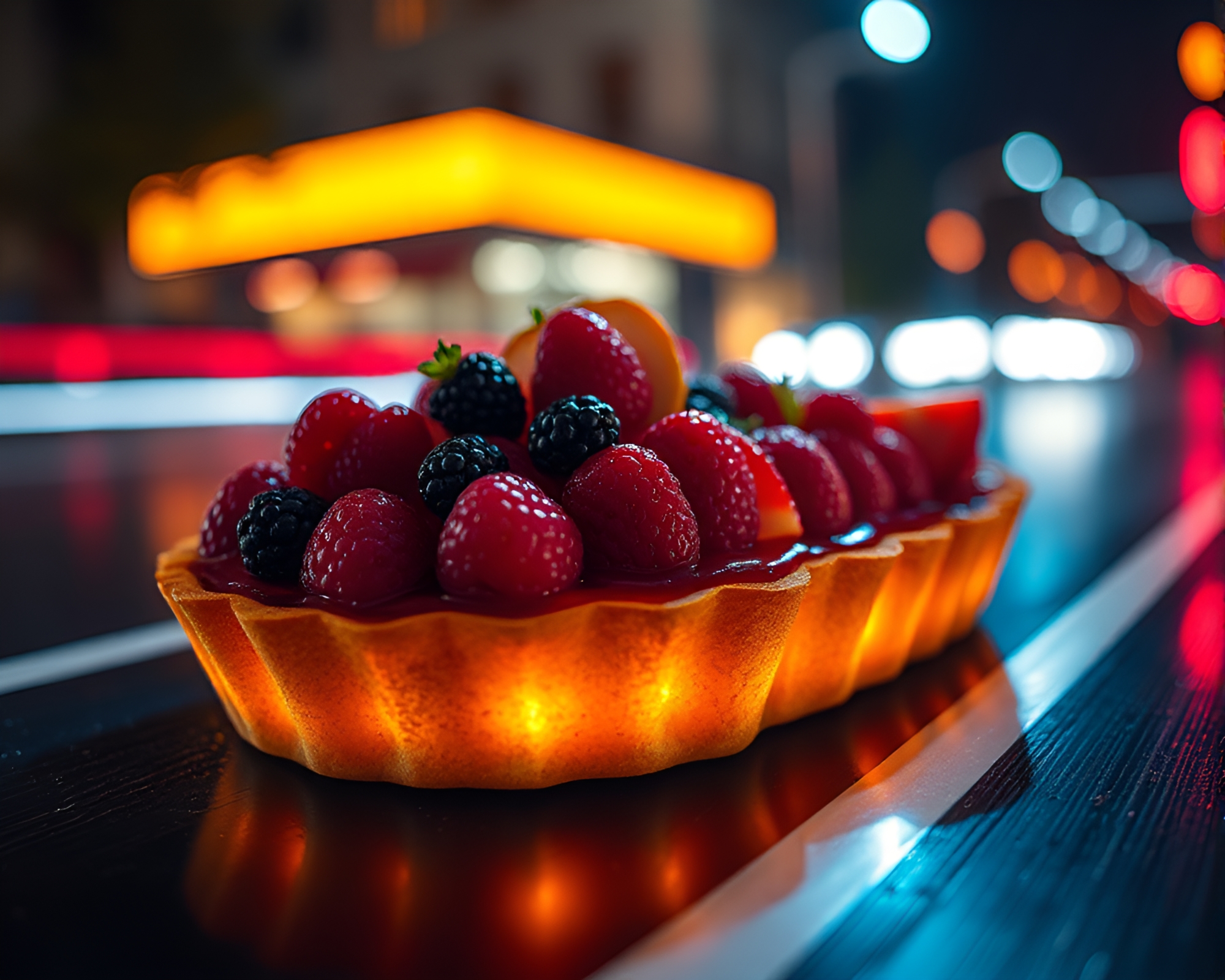 Neon Fruit Tart on Cyberpunk Car Light Trails – free AI stock image