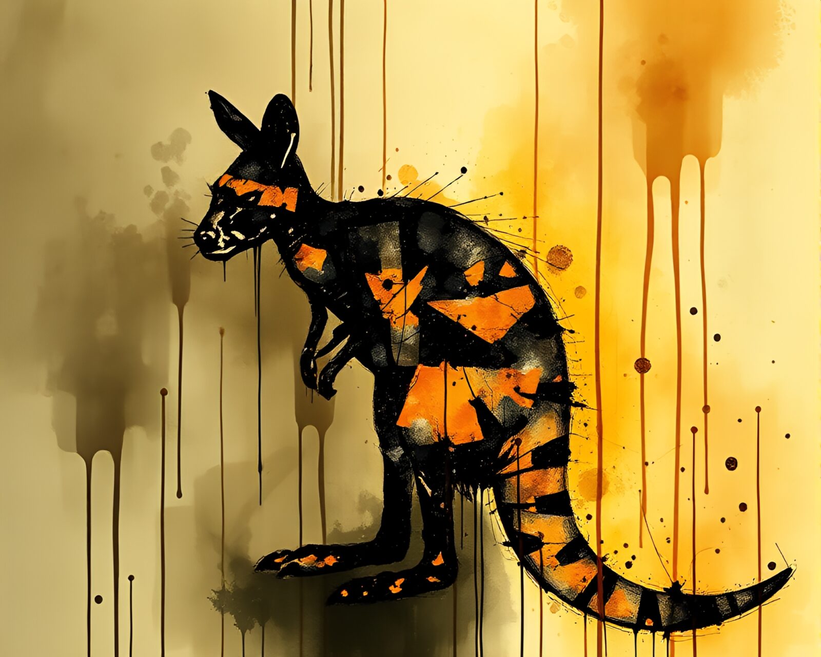 Abstract kangaroo surrounded by glowing fractals and ink drips.