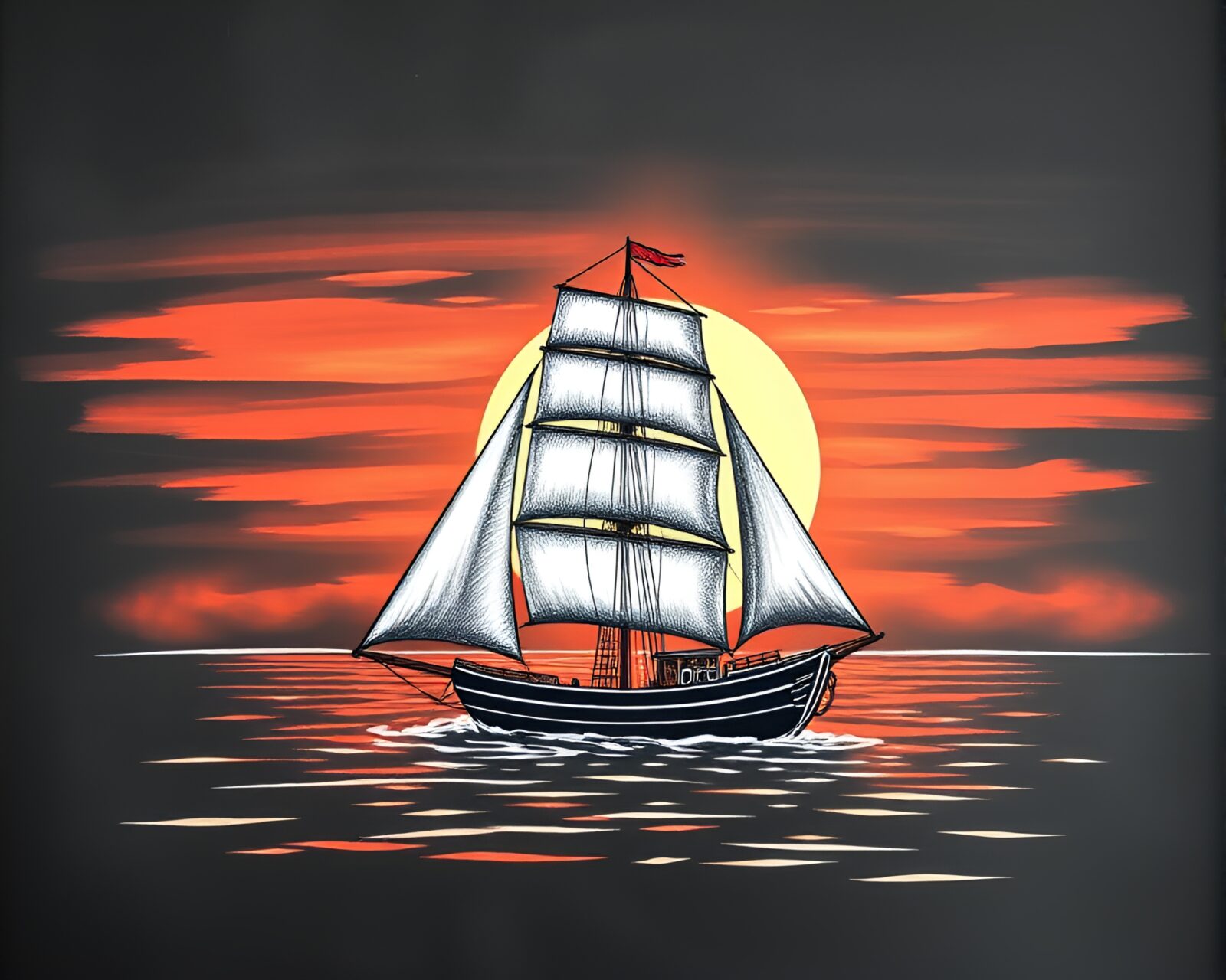 Striped pattern classic sailing ship against a sunset sky