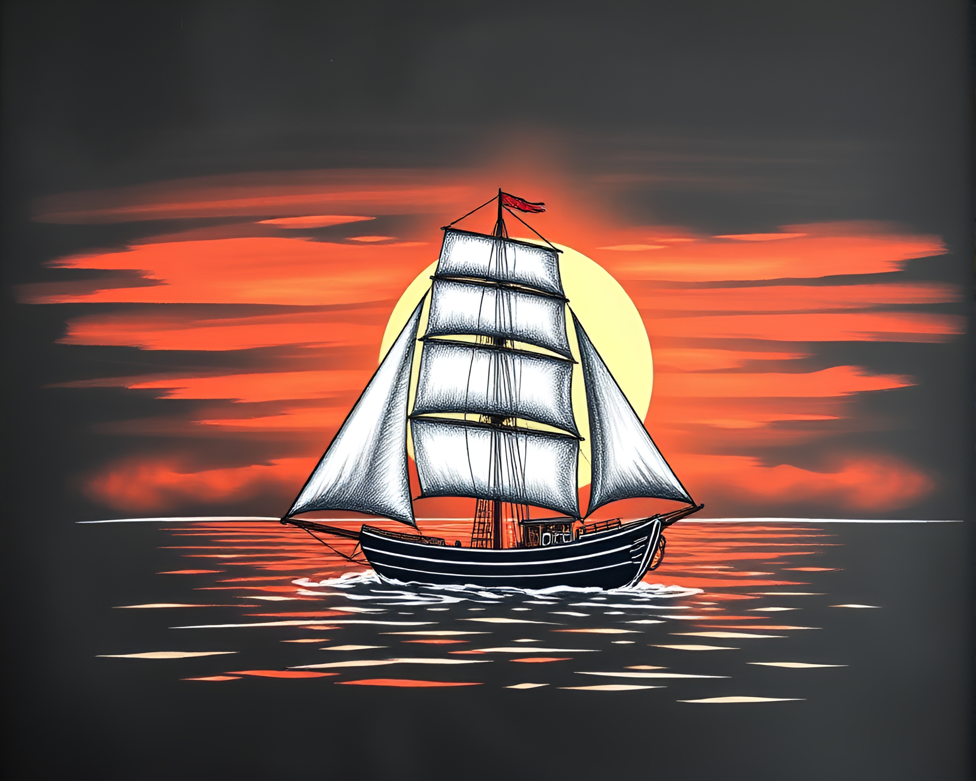 Sailing Ship at Sunset: Chalkboard Sketch Artwork – free AI stock image