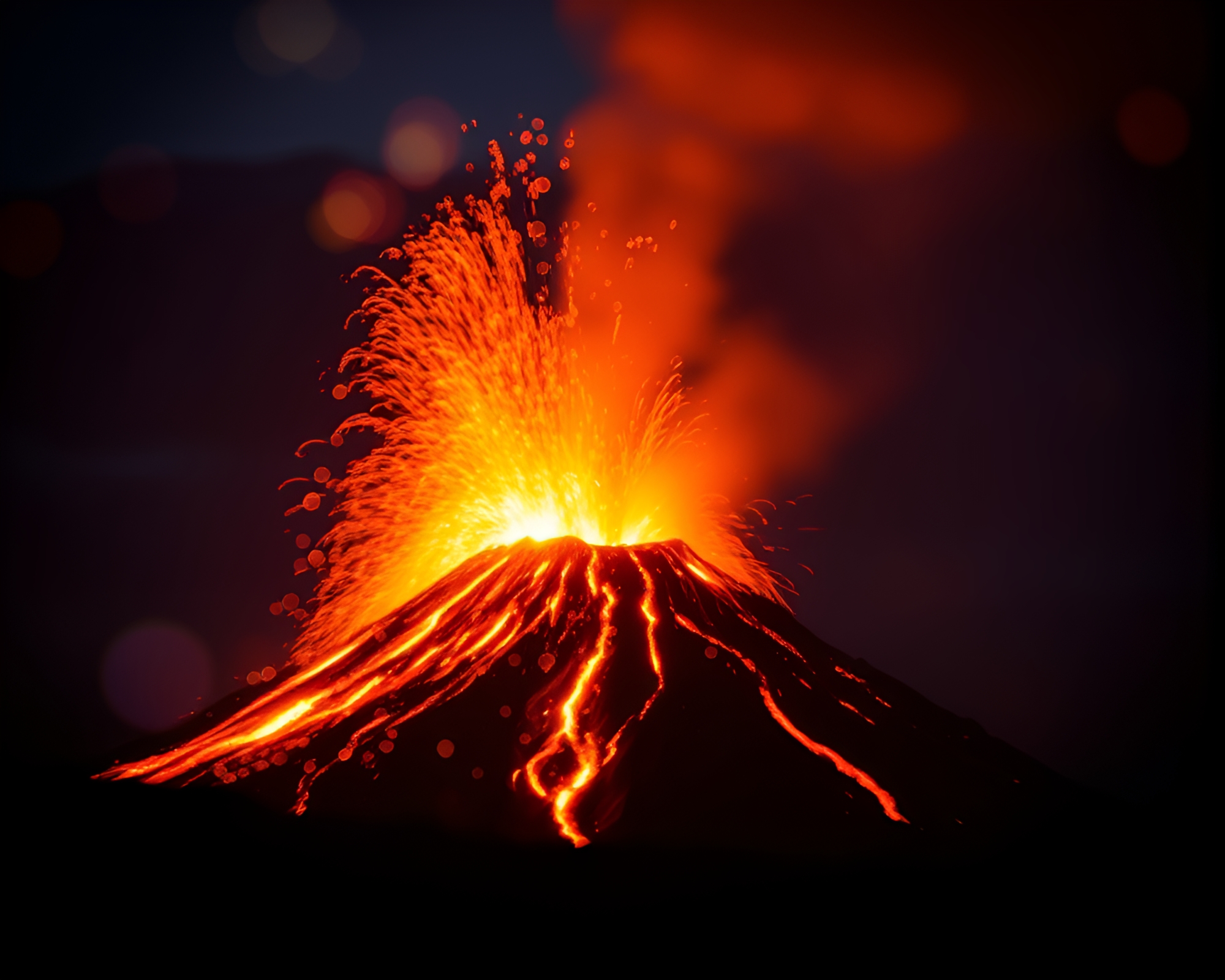 Fiery Volcanic Eruption Engulfed in Light Flares – free AI stock image
