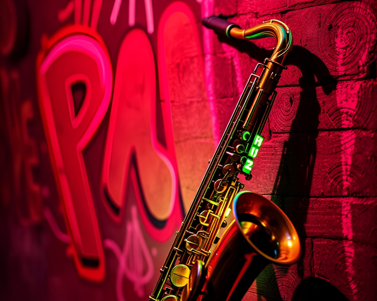 Vibrant neon-lit saxophone against pastel graffiti torn edges