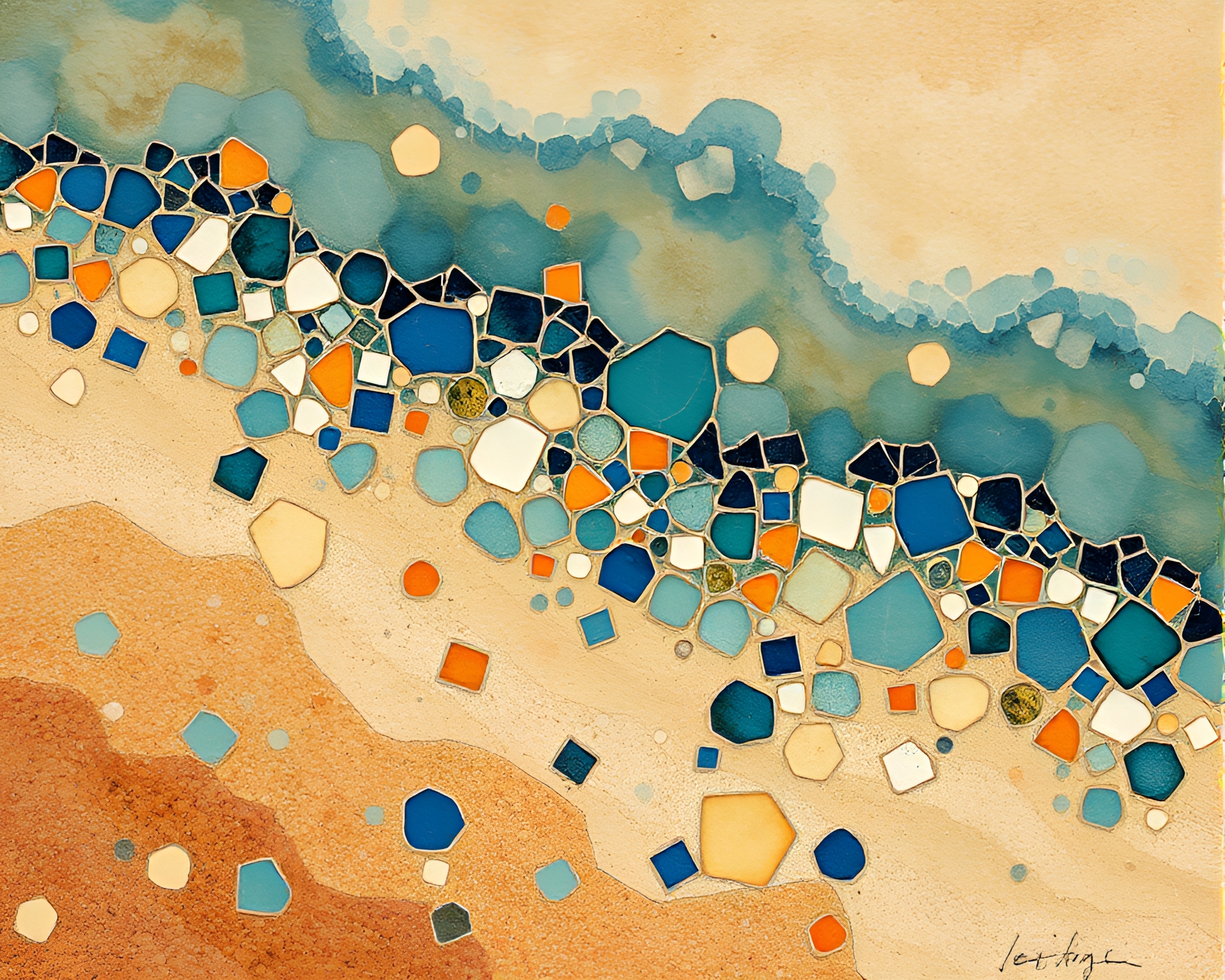 Sand Dune Mosaic: Jewel Tones Sumi-e Masterpiece – free AI stock image