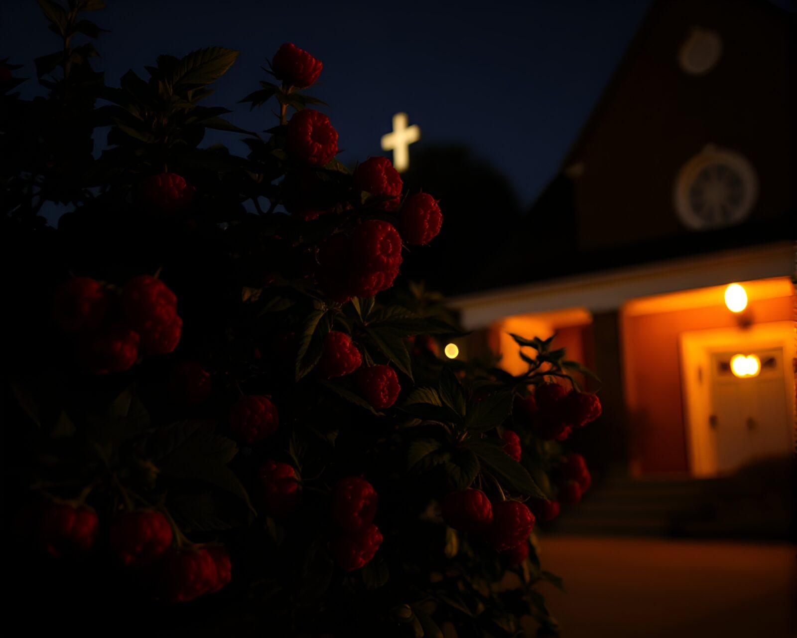 Film burn effect on glowing raspberry bushes in church candlelight