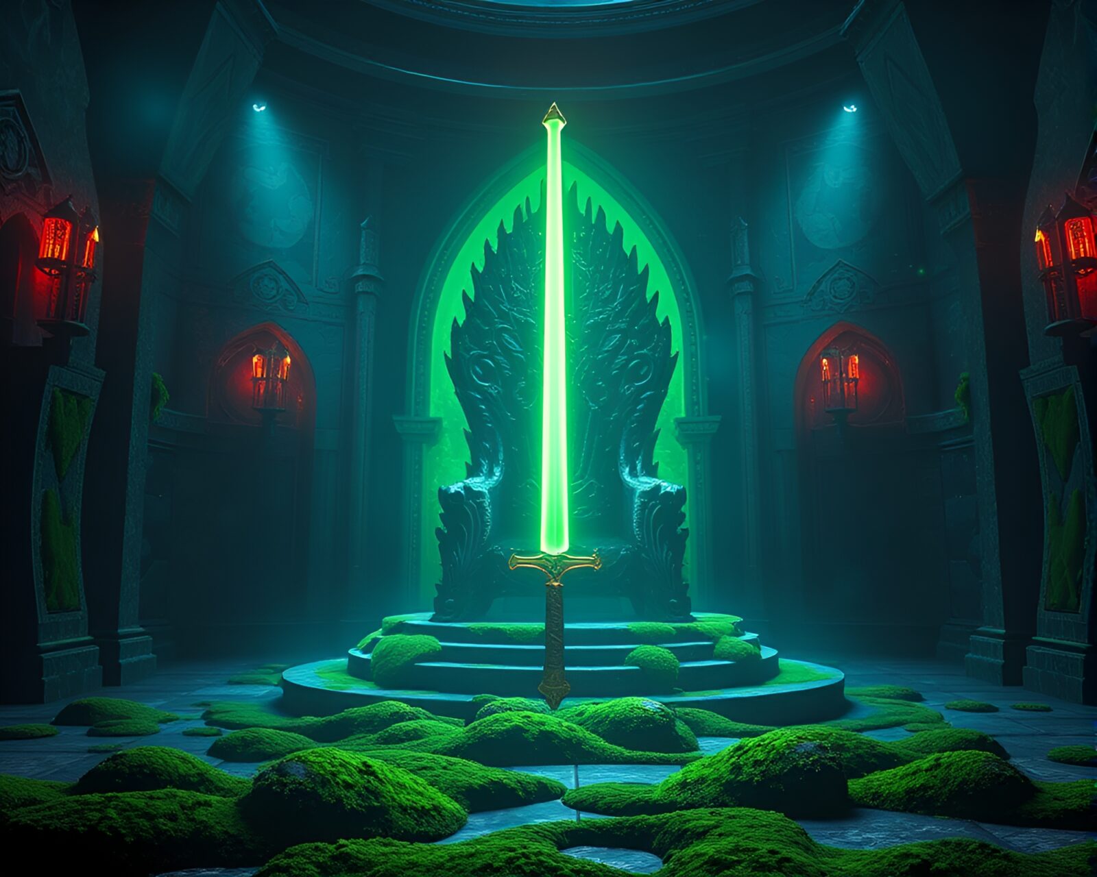 Fantasy CGI image of illuminated mossy sword in majestic chamber