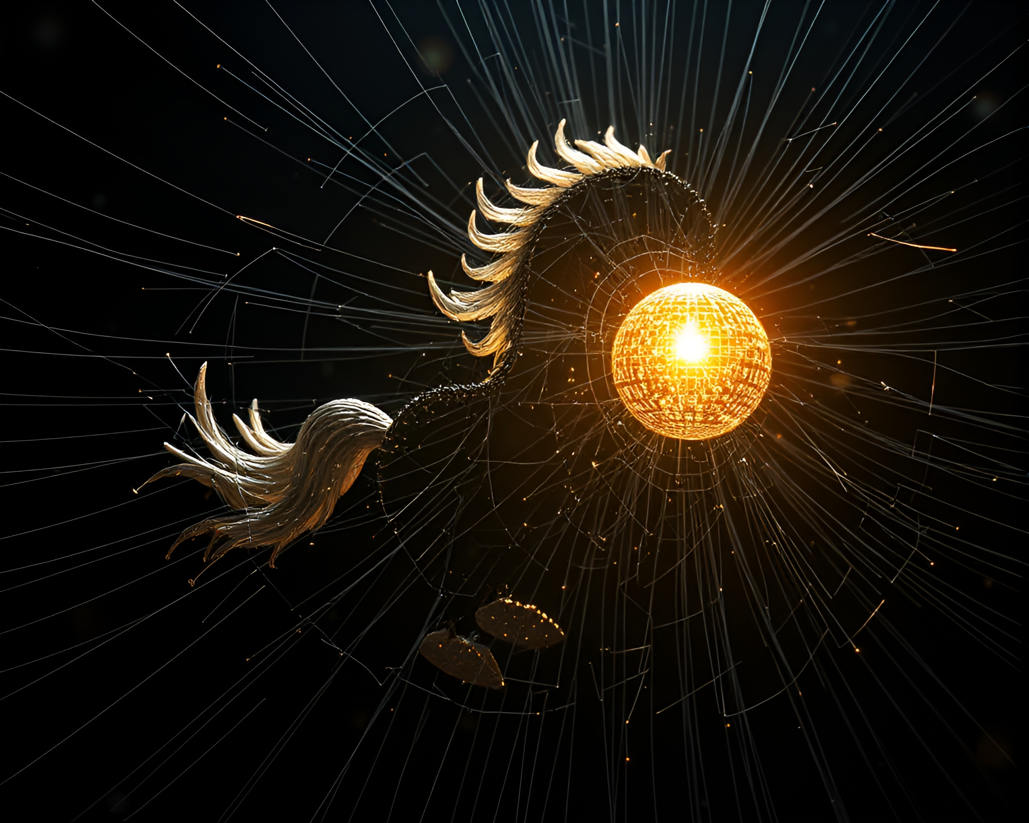 Majestic Wild Stallion Caught in Glowing Disco Cobweb – free AI stock image