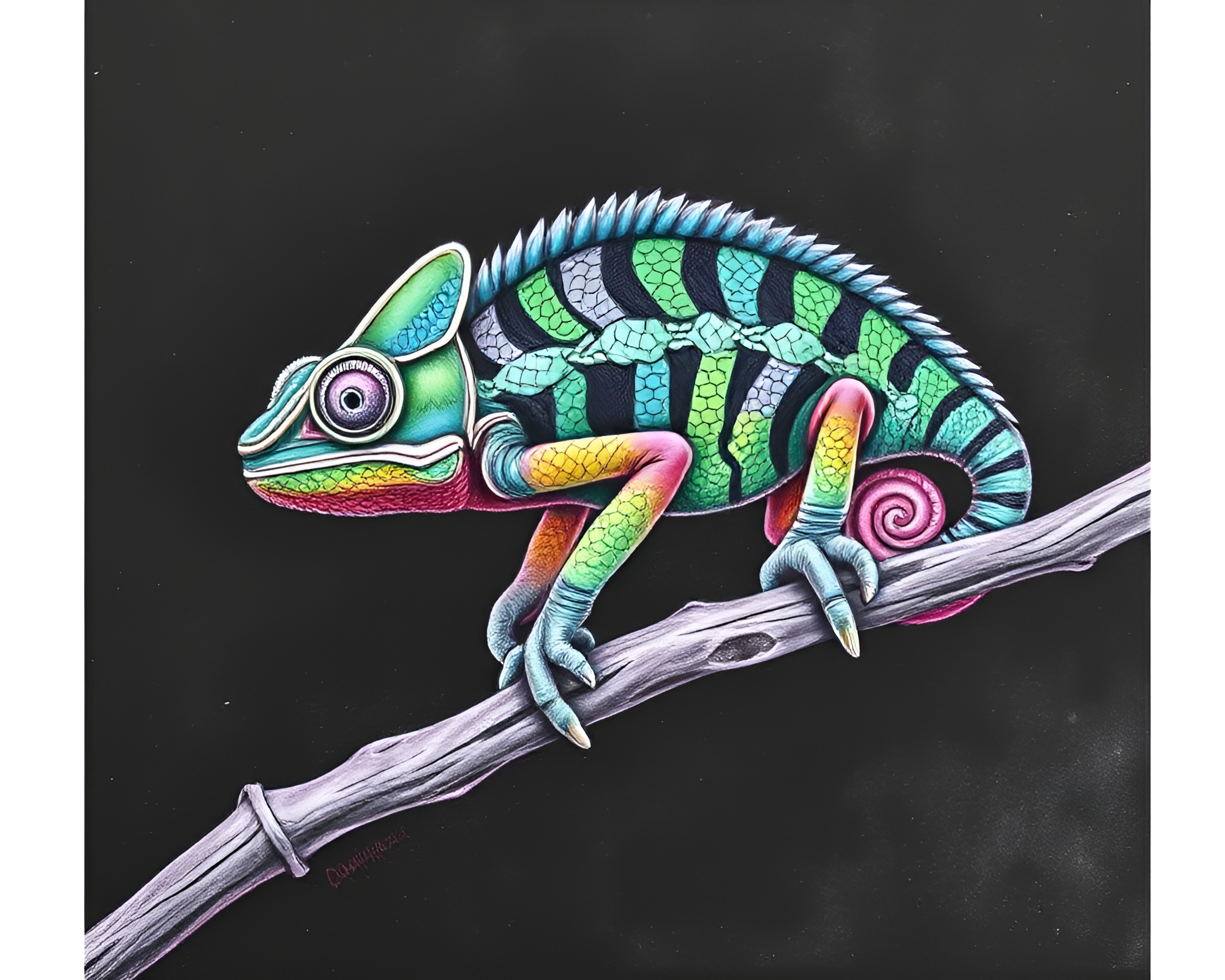 Chameleon blending in with chalk-drawn landscape – free AI stock image