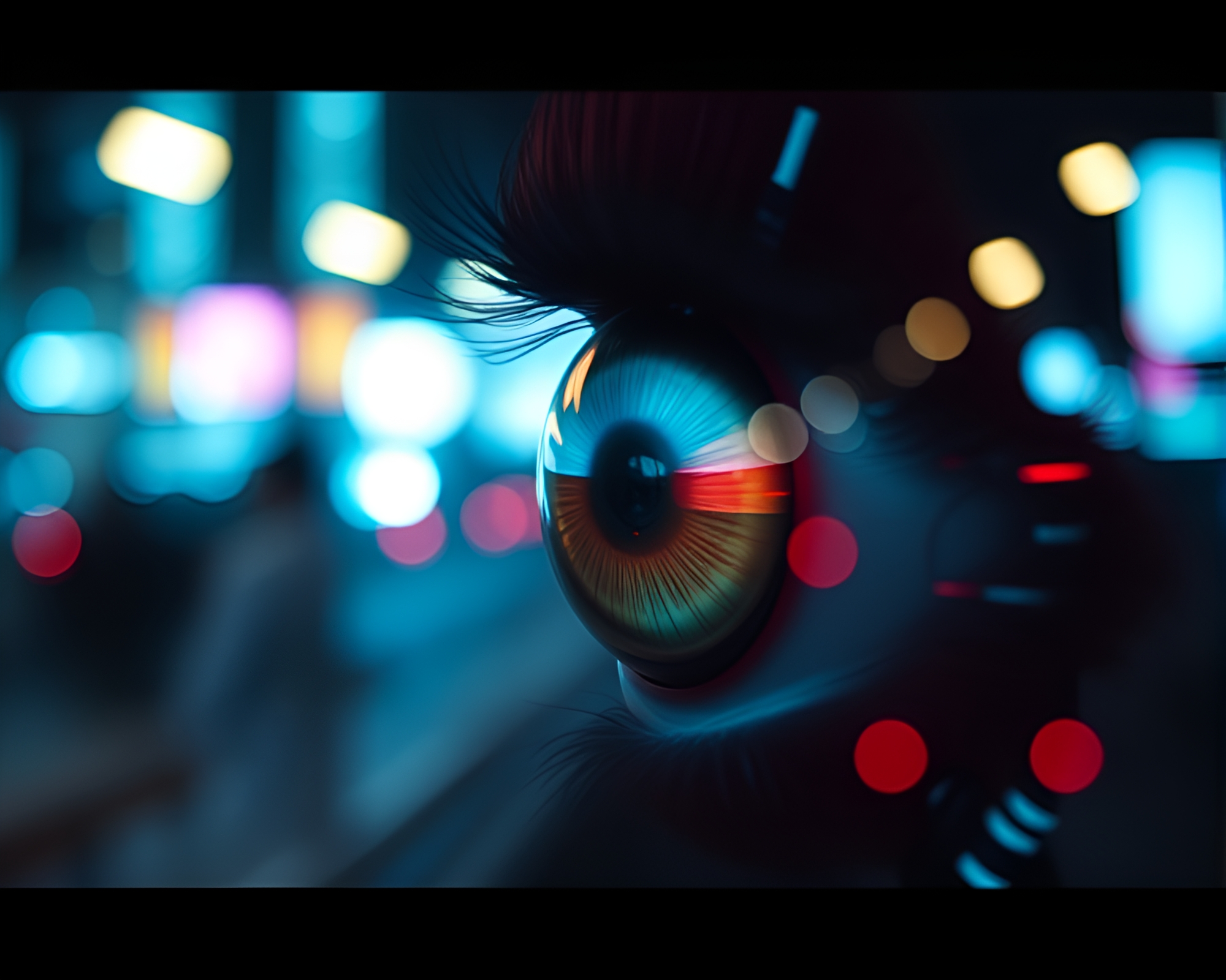 Futuristic Cybernetic Eye in Bokeh Foreground – free AI stock image