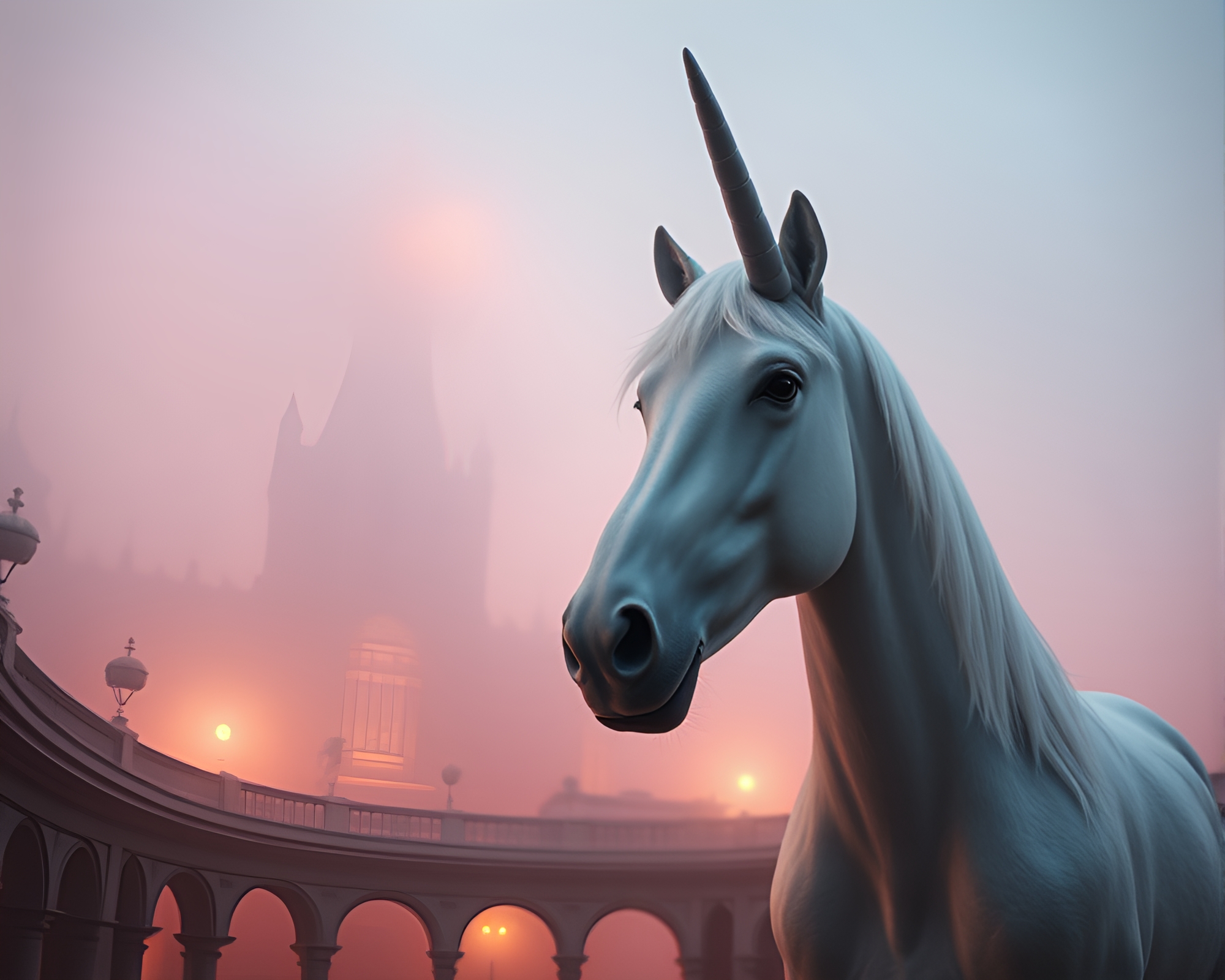 Majestic Unicorn in Architectural Close-Up Amid Misty Haze – free AI stock image