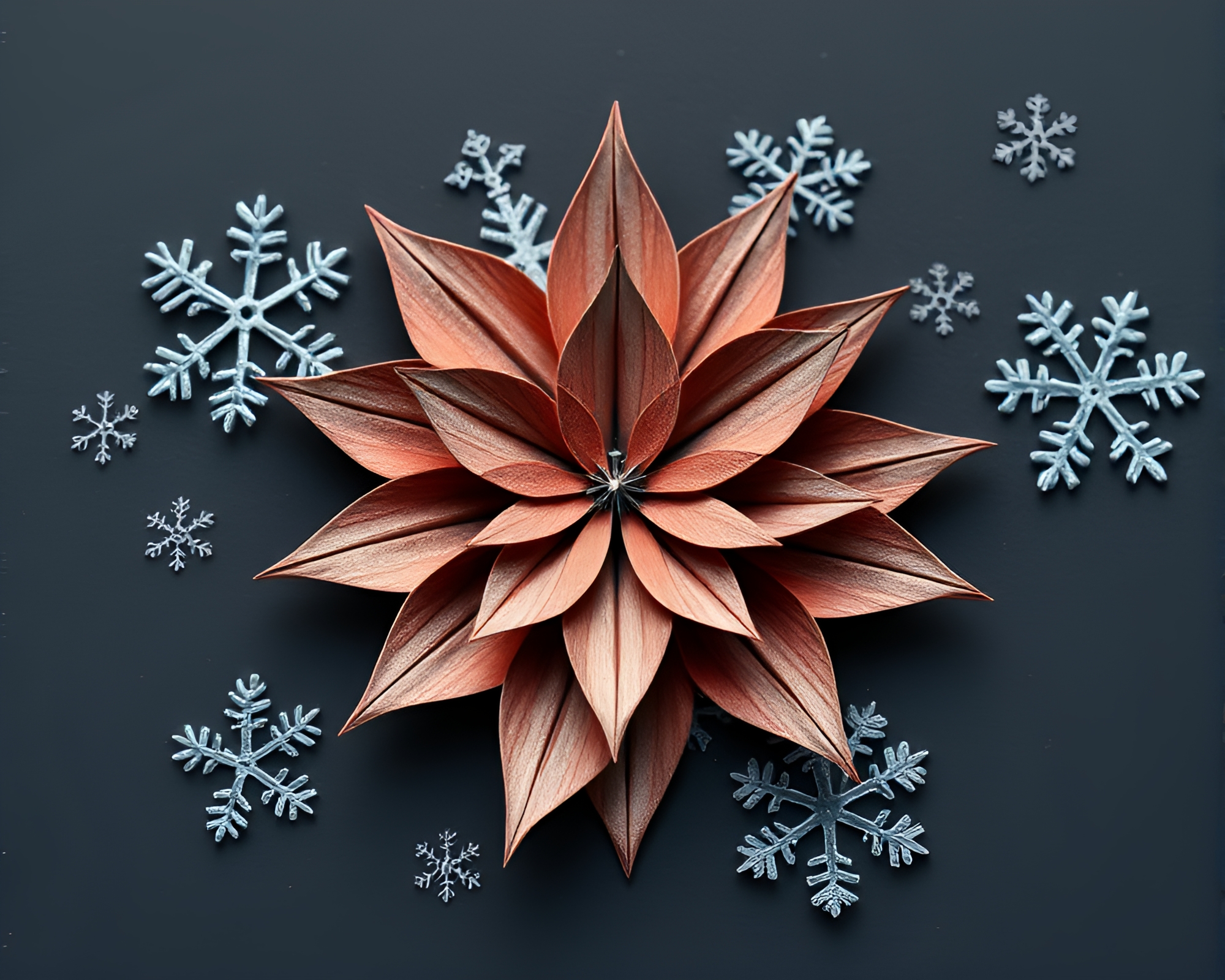 Snowflake Origami Flower in Volcanic Ash Atmosphere – free AI stock image