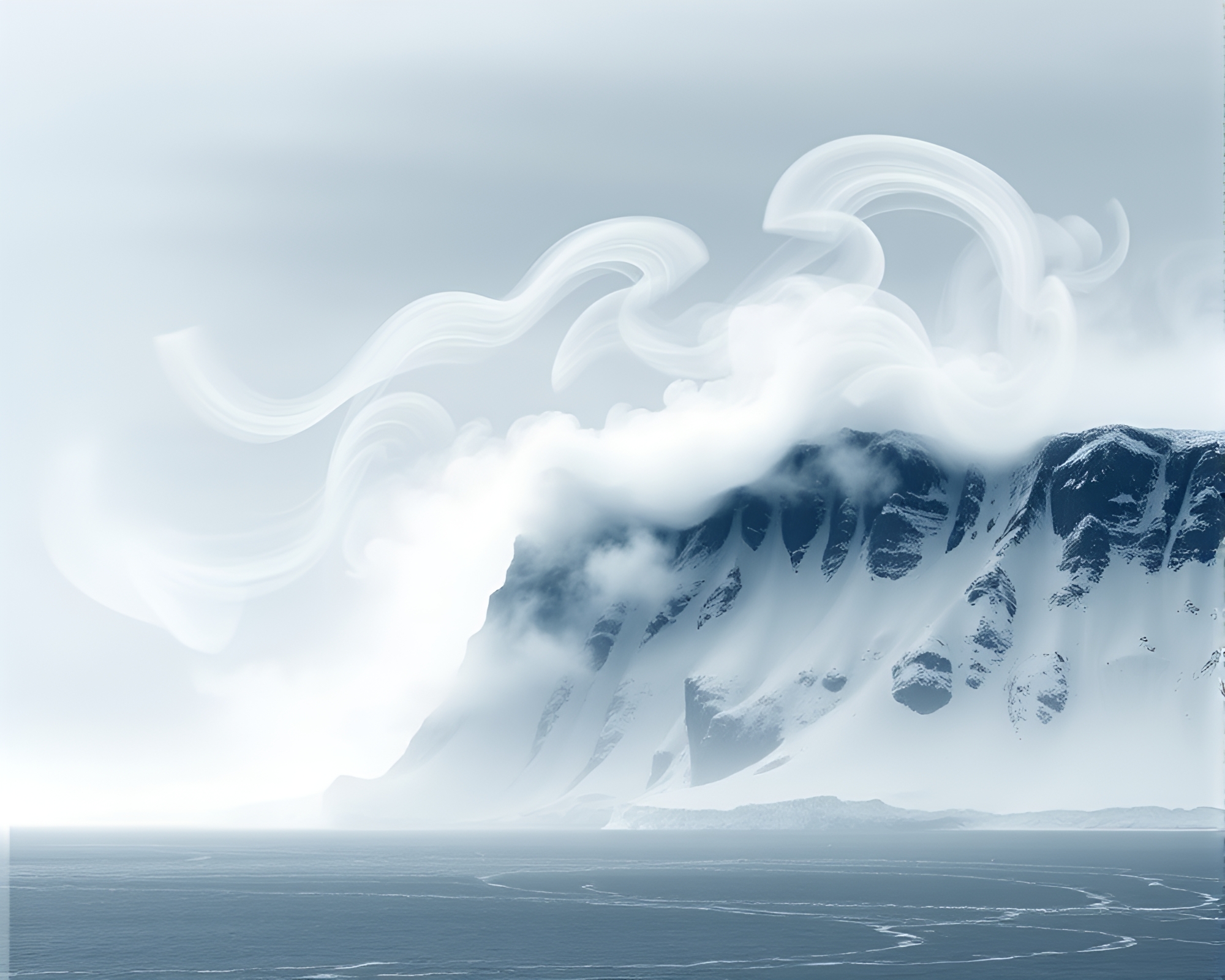 Arctic Cliff Data Visualization with Smoke Plume Swirls – free AI stock image