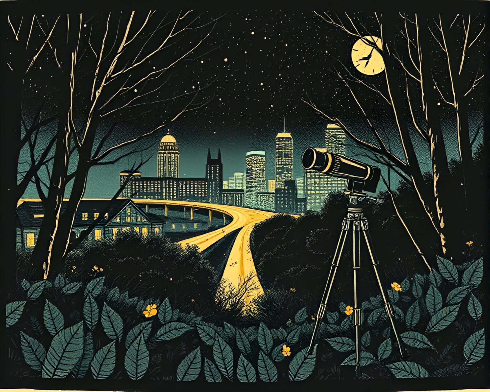 A linocut print of binoculars overlooking a city at night with leaf litter below