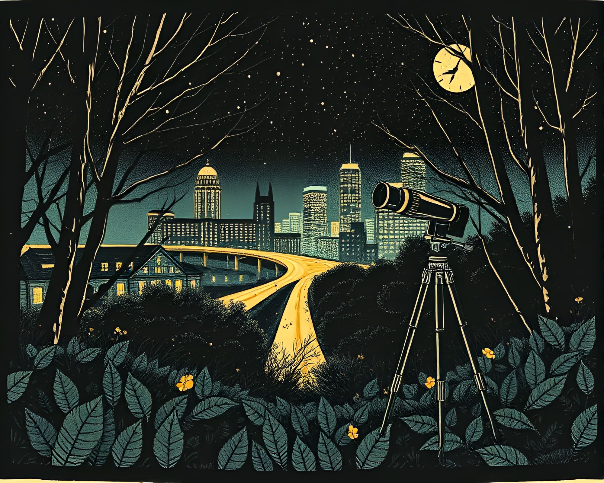 City Night Binoculars: Leaf Litter Explore – free AI stock image