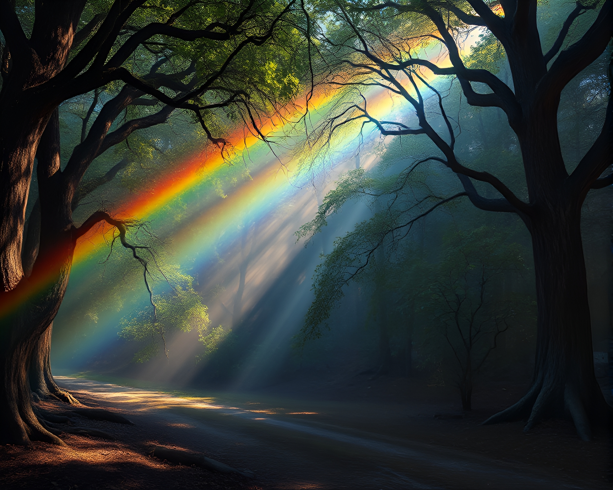 Enchanted Grove: Rainbow Refraction Illuminates Ancient Fresco – free AI stock image