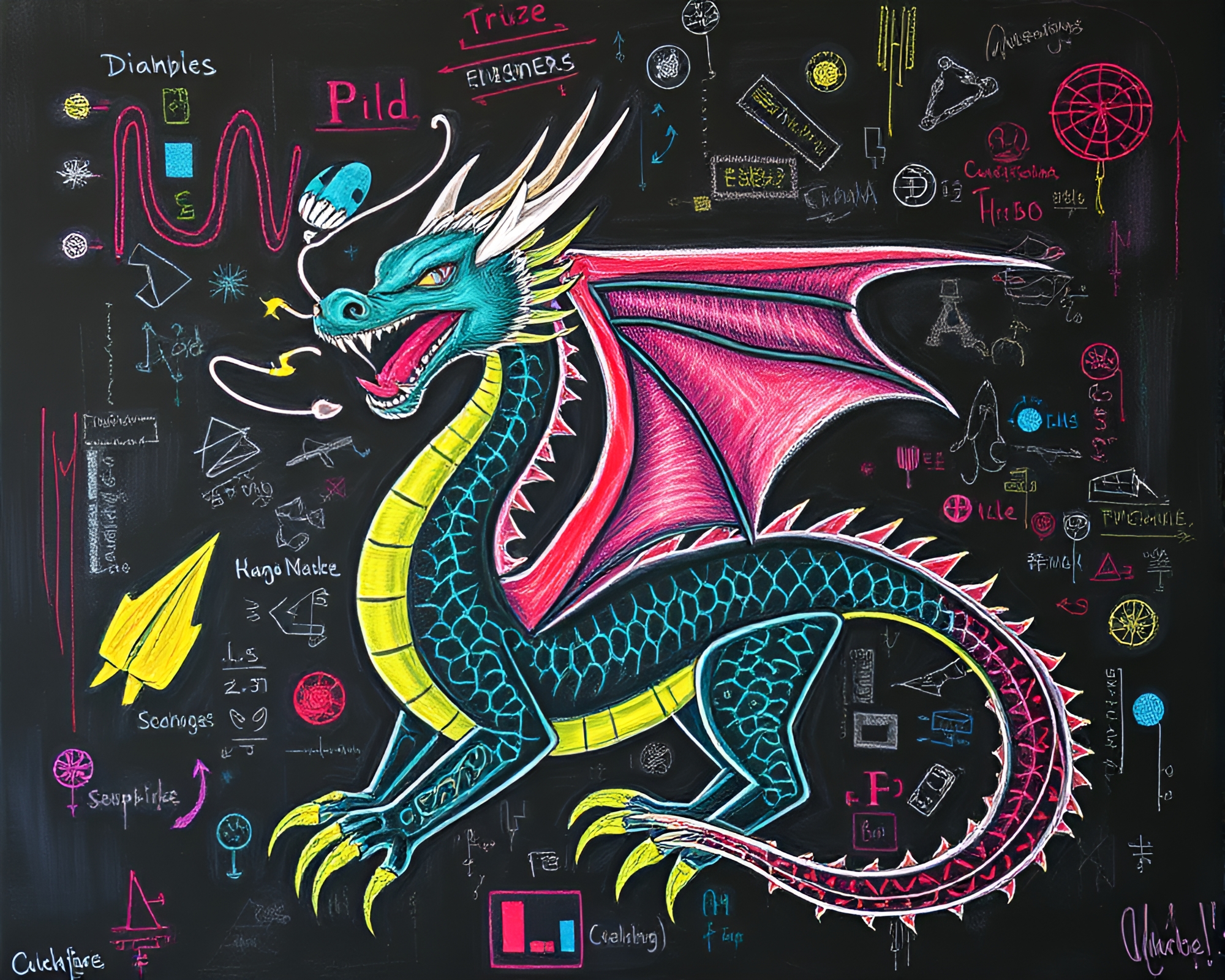 Digitally composed dragon in chalk scrawls – free AI stock image