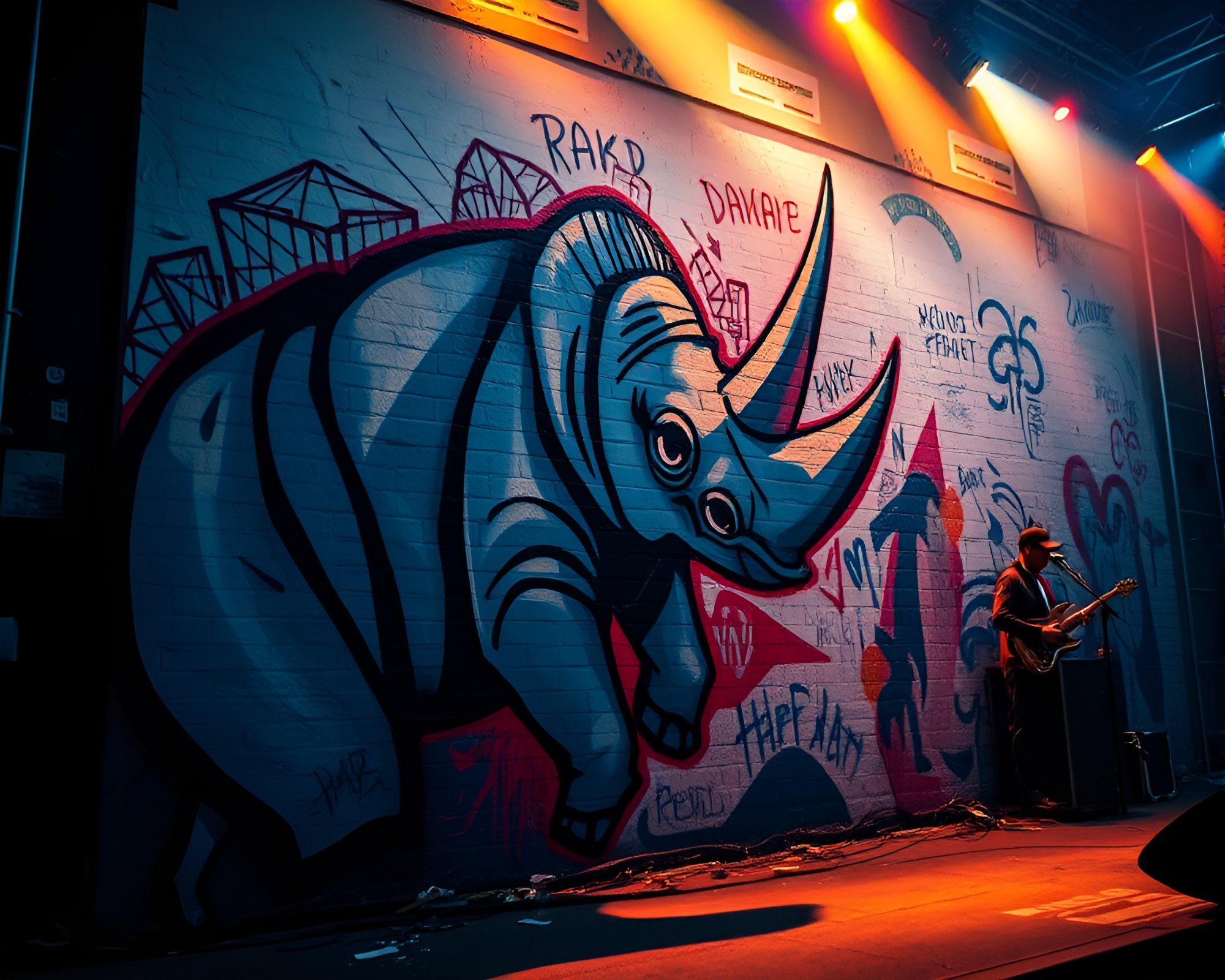 Vibrant Rhino Concert Stage Graffiti Art – free AI stock image