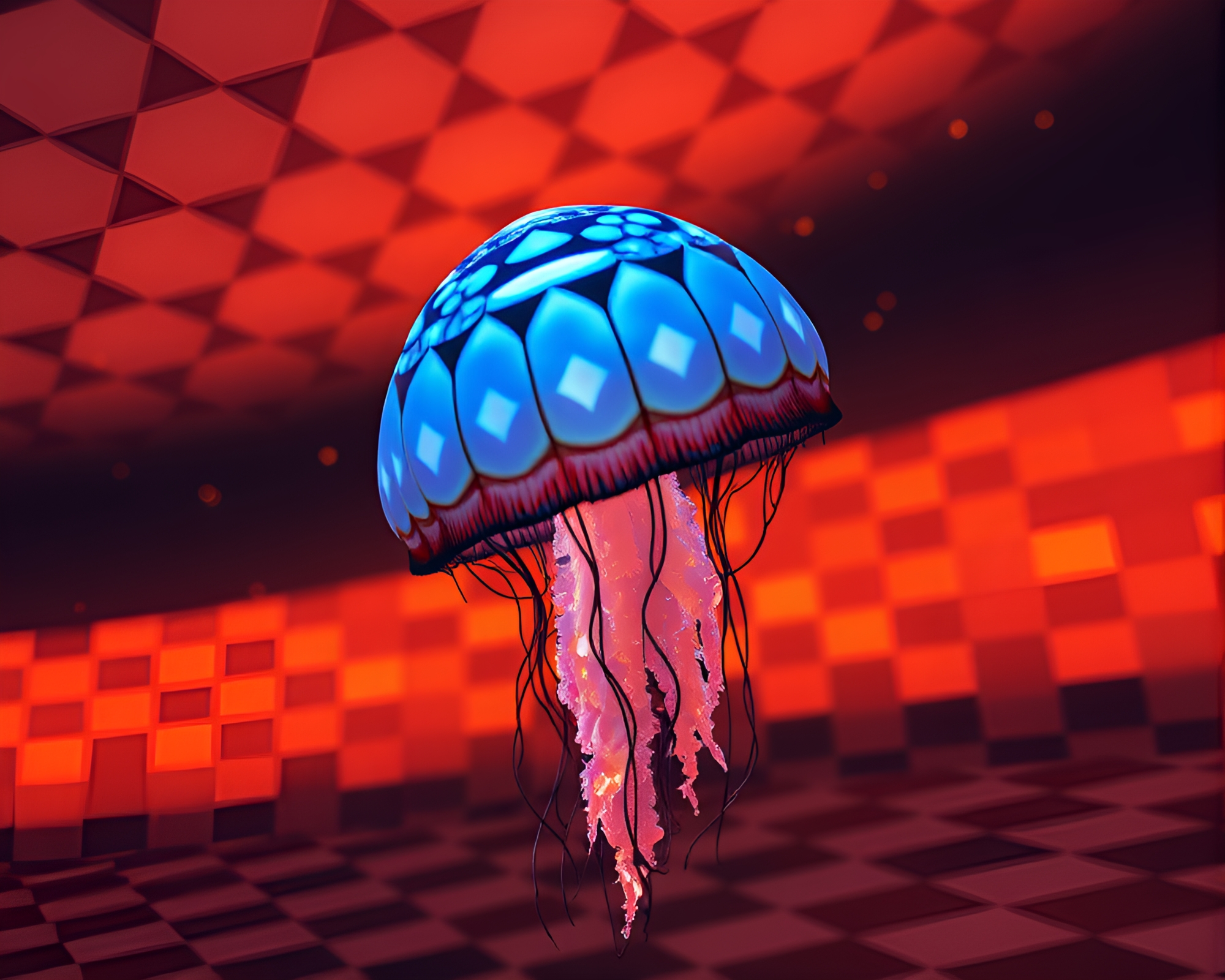 Bioluminescent Jellyfish in Checkered Architectural Sunset Glow – free AI stock image