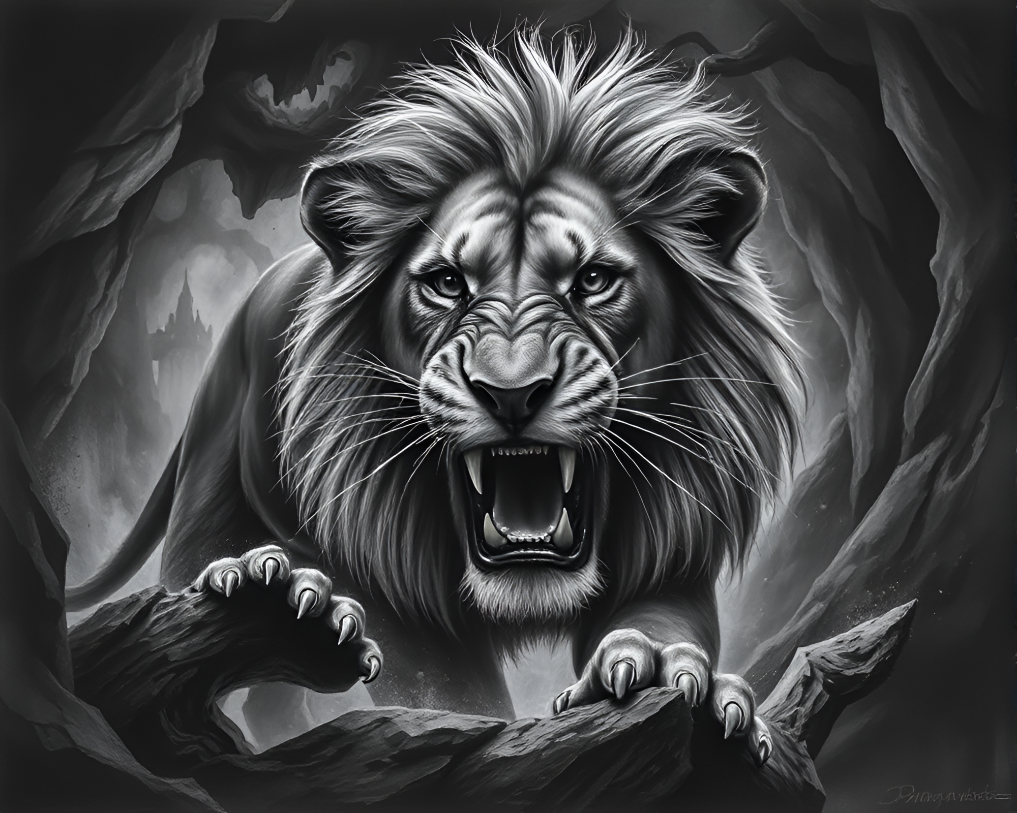 Zoom Burst Lion in Lithographic Style – free AI stock image