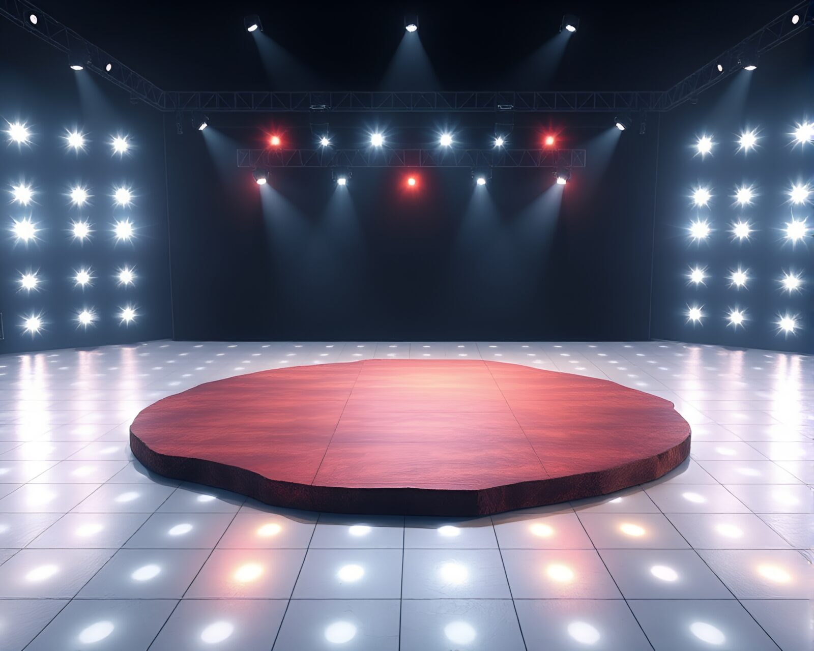 Vibrant concert stage lights illuminating an island with grid overlay