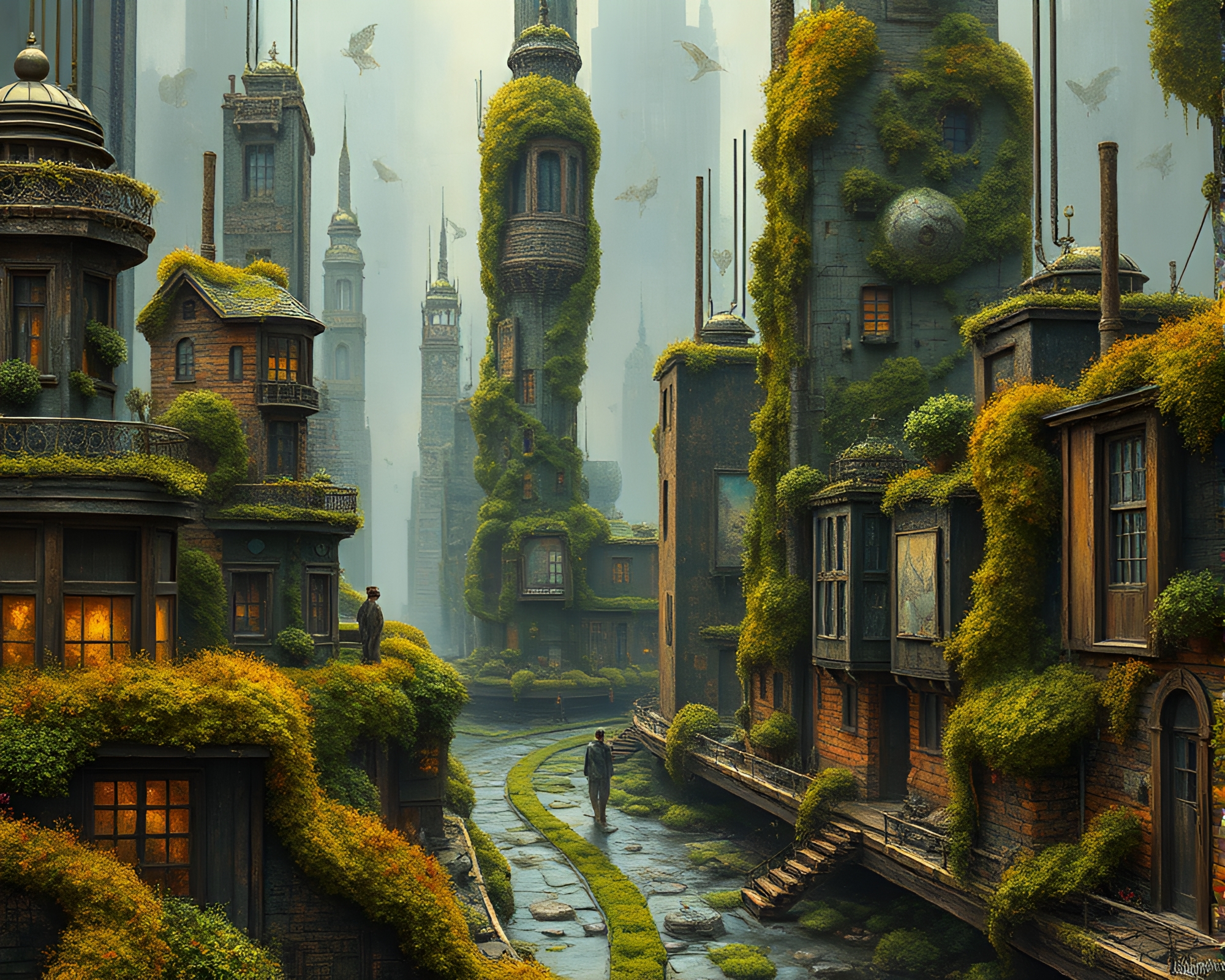 Futuristic City Covered in Moss with Impasto Technique – free AI stock image