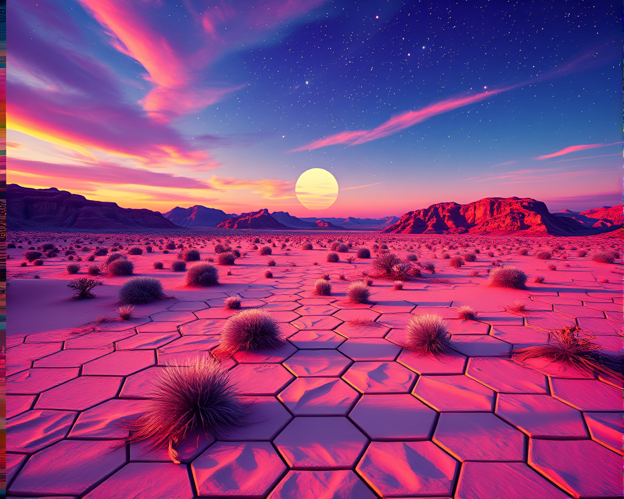 Hexagonal Desert Mirage with VHS Distortion – free AI stock image